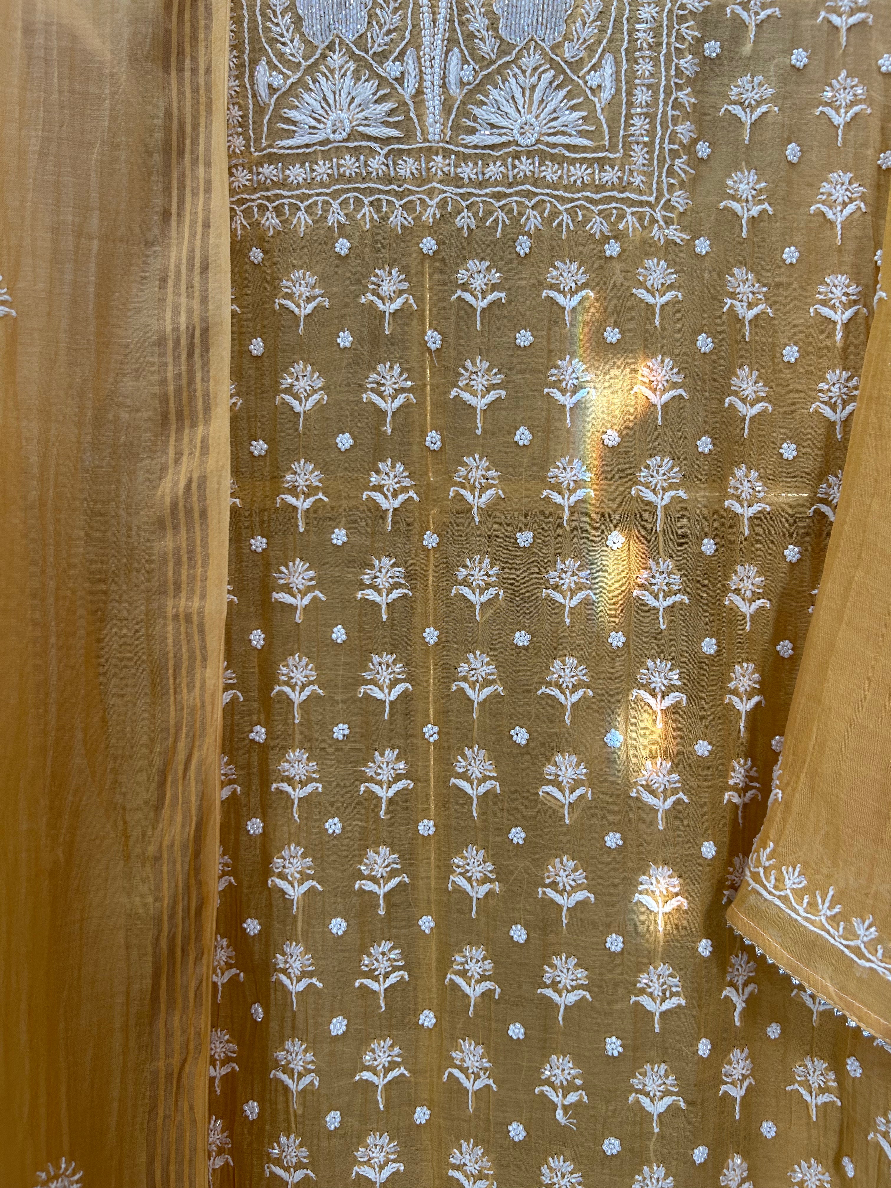 Ombre Mustard Mul Chanderi  Chikankari Kurta Set