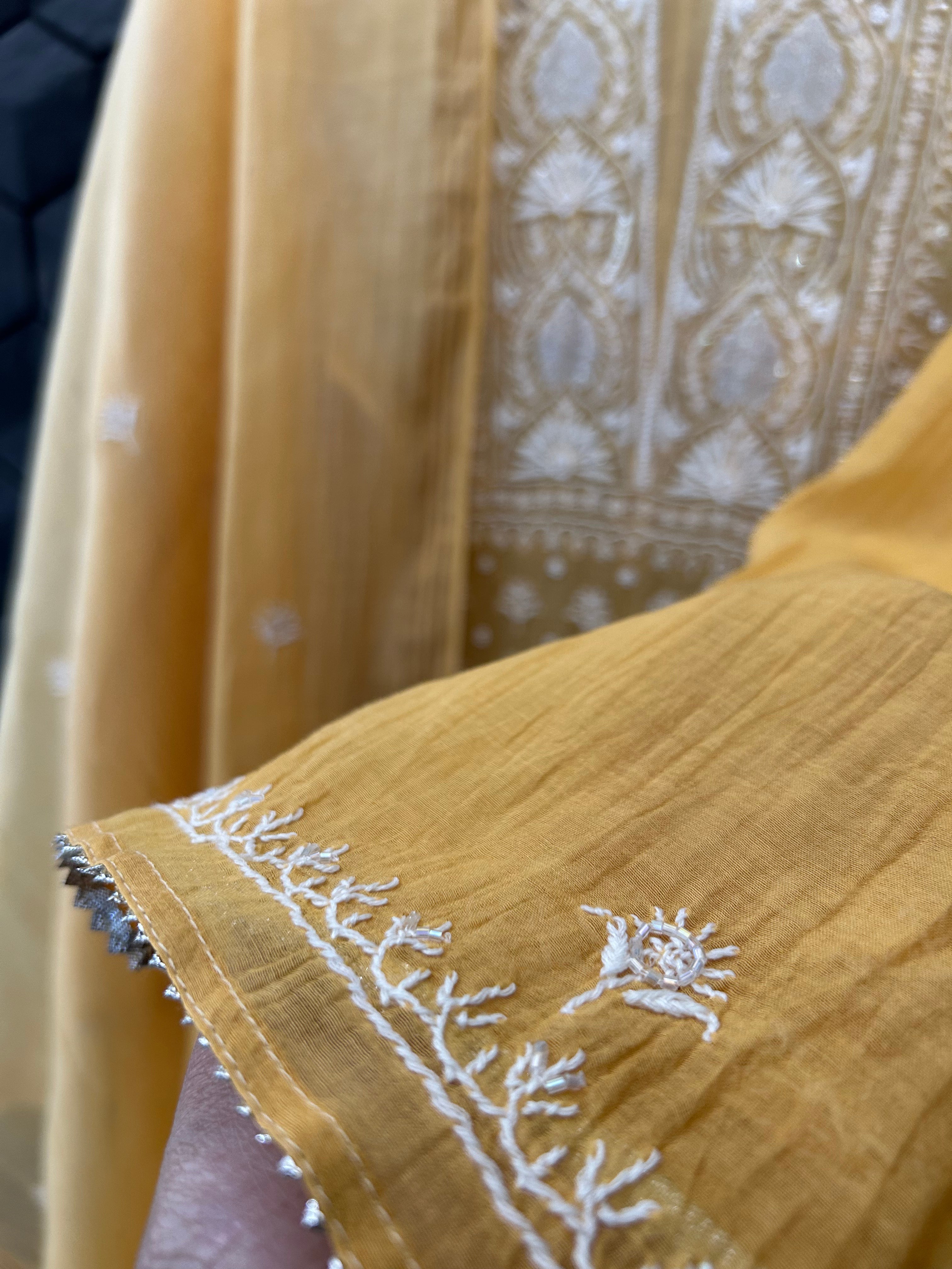 Ombre Mustard Mul Chanderi  Chikankari Kurta Set