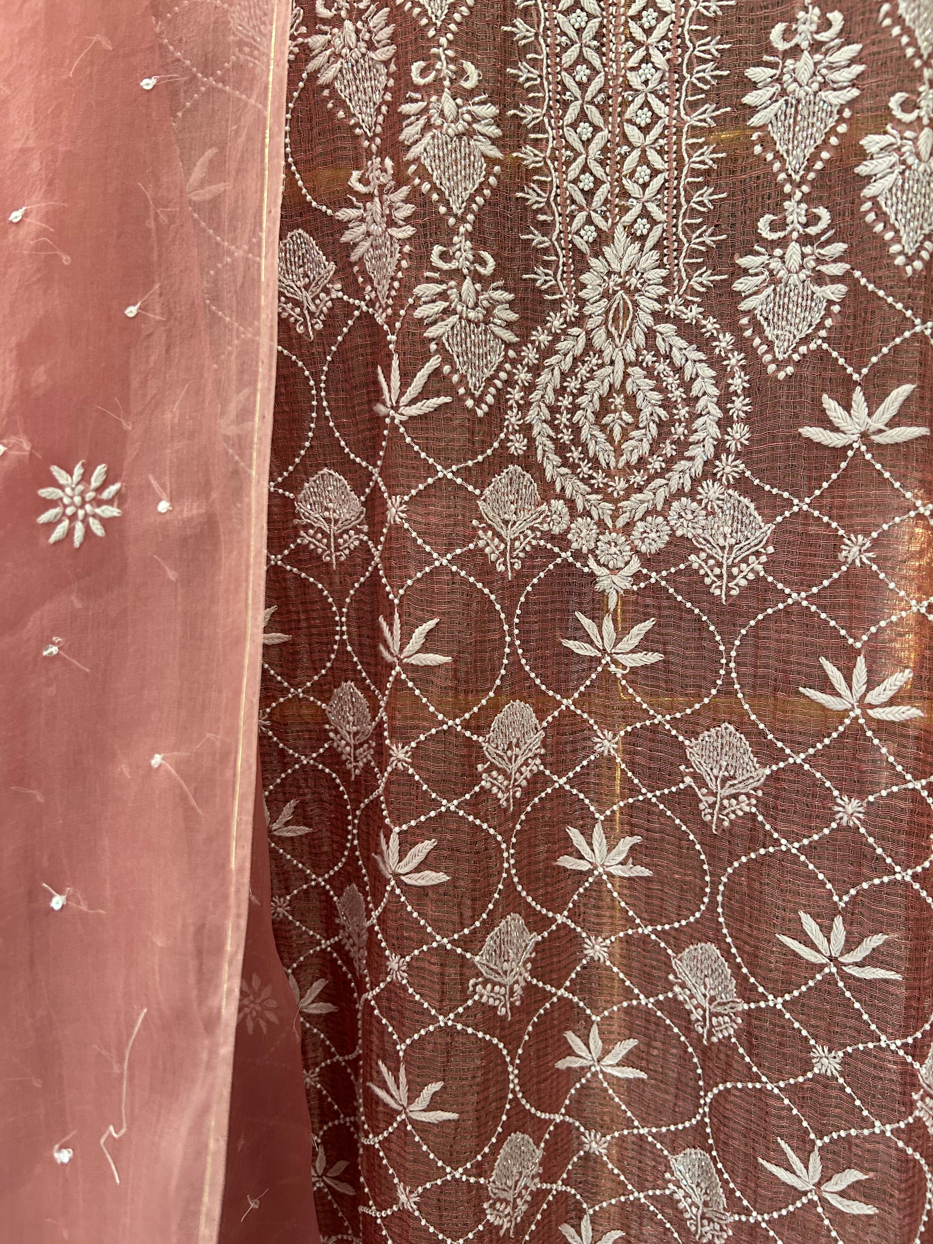 Onion Pink Tissue Kota Chikankari Kurta Set