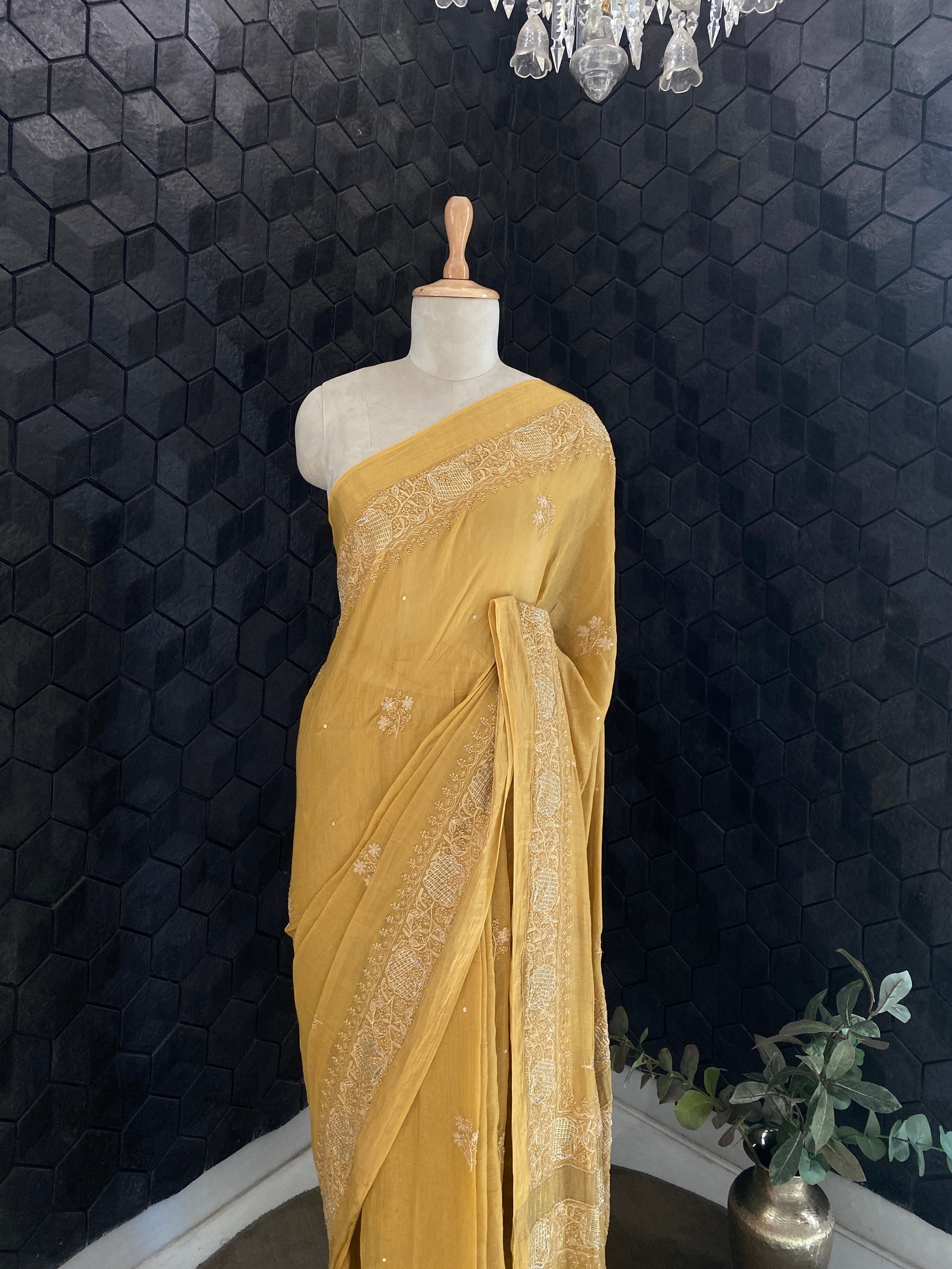 Yellow tissue chikankari saree