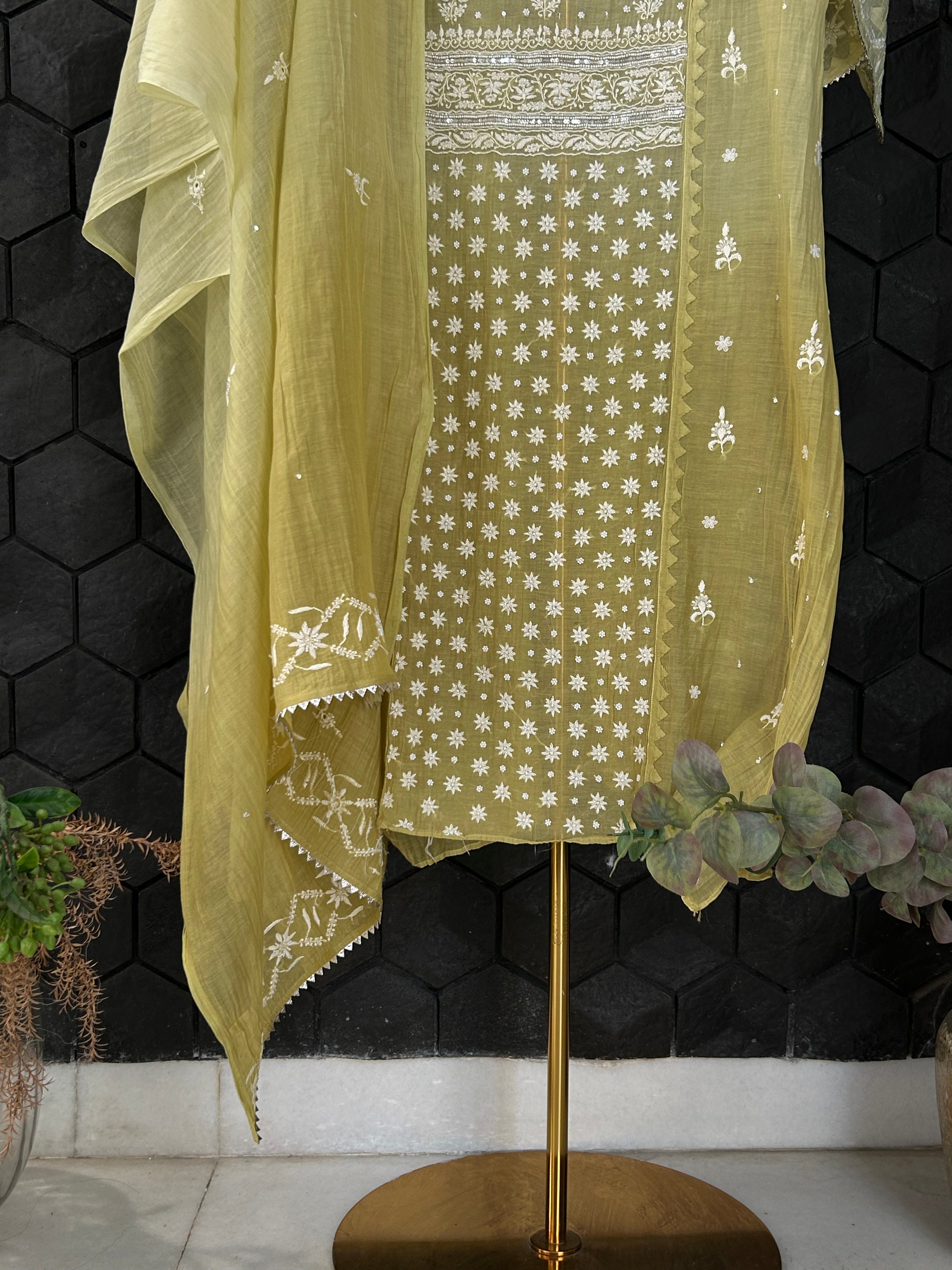 Ombre Pista Green Mul Chanderi Chikankari Kurta Set