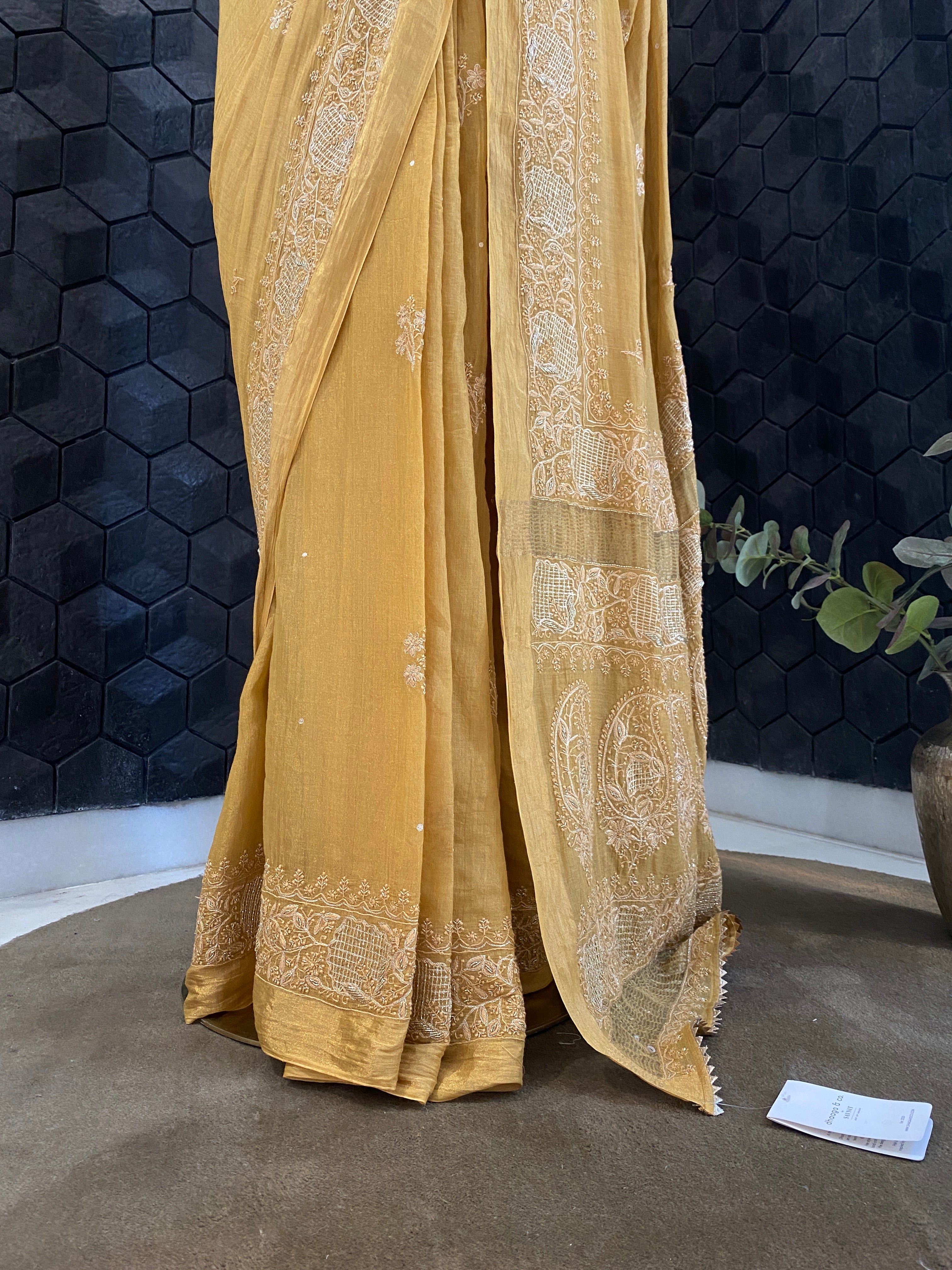 Yellow tissue chikankari saree