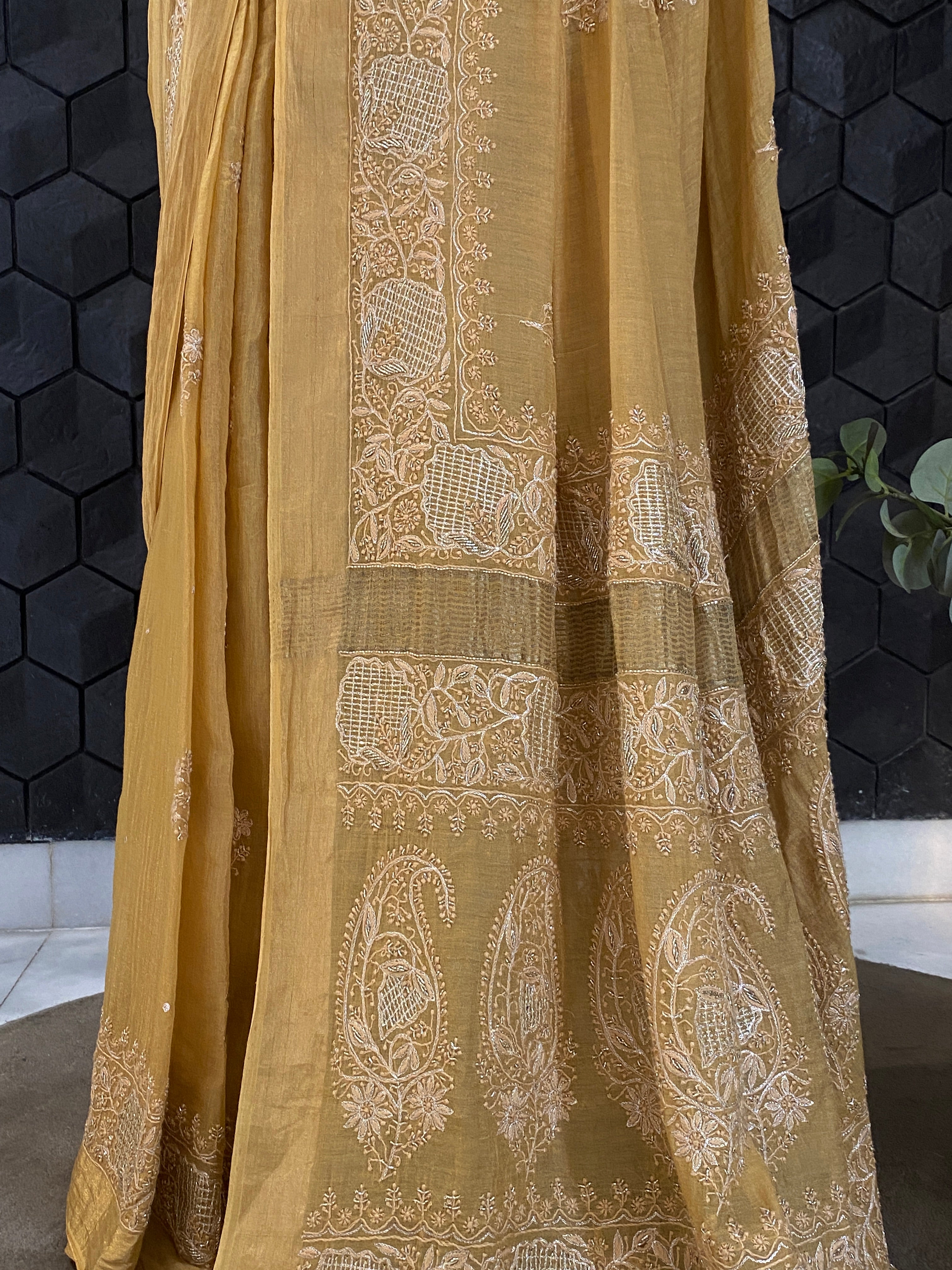 Yellow tissue chikankari saree