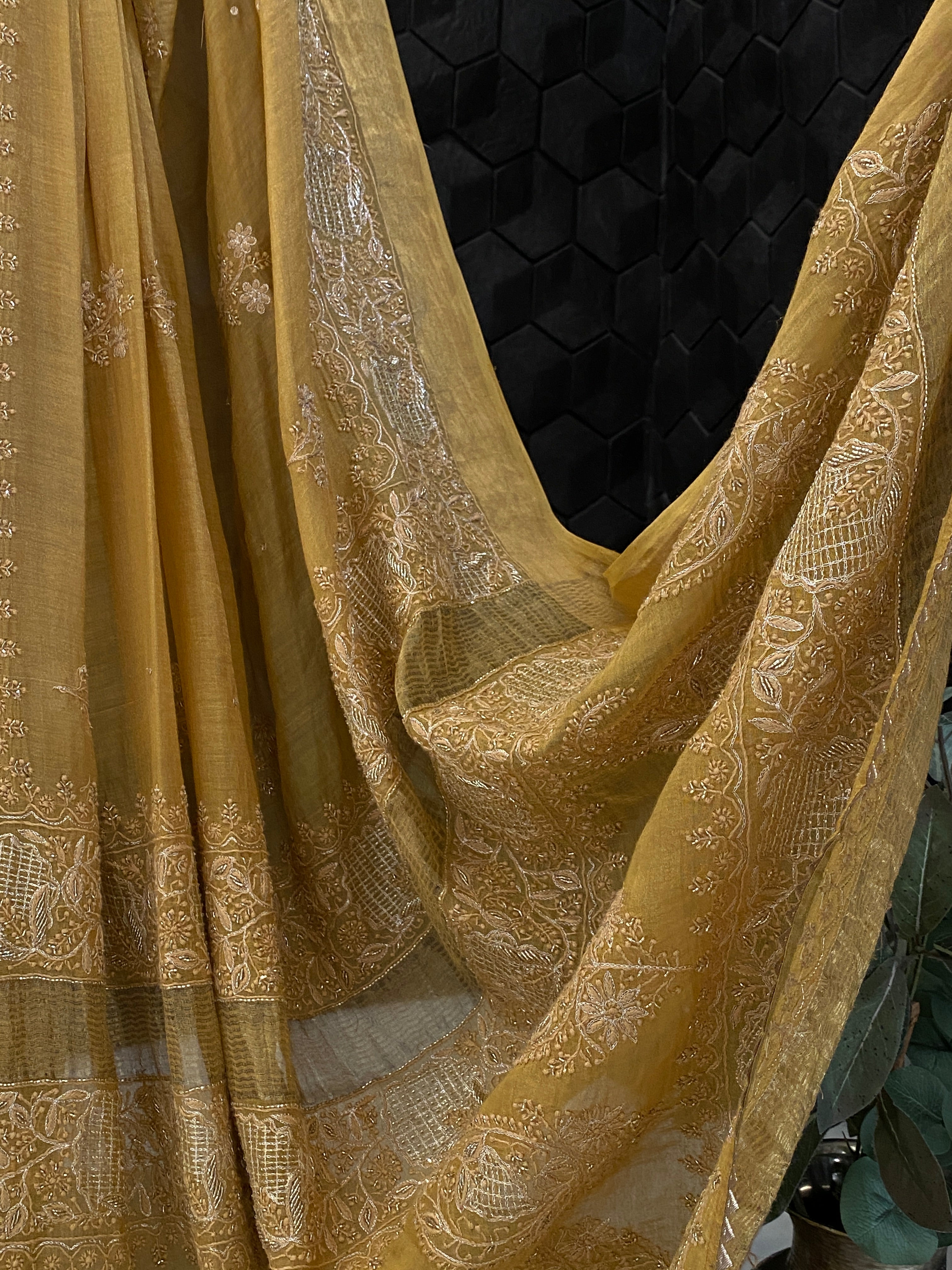 Yellow tissue chikankari saree