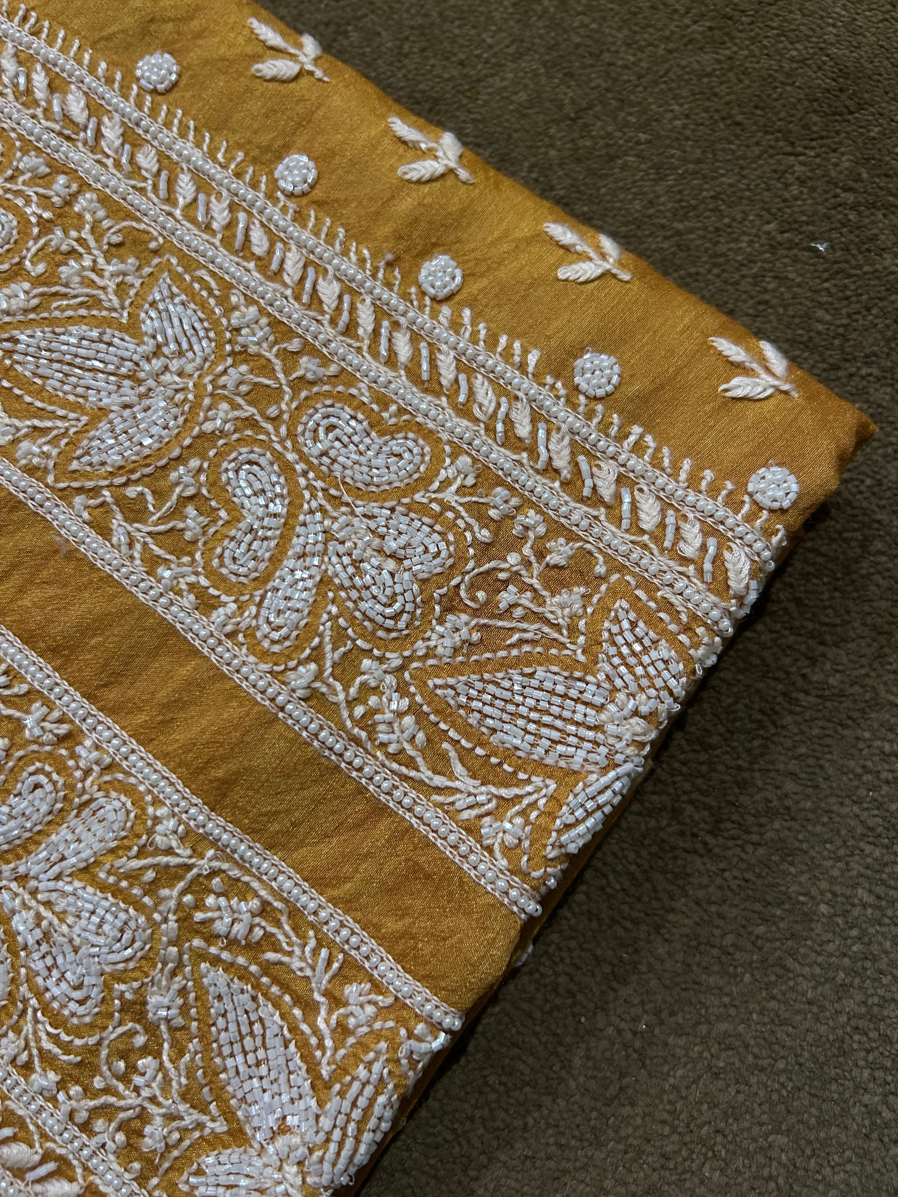 Mustard Mens Munga Silk Chikankari Kurta