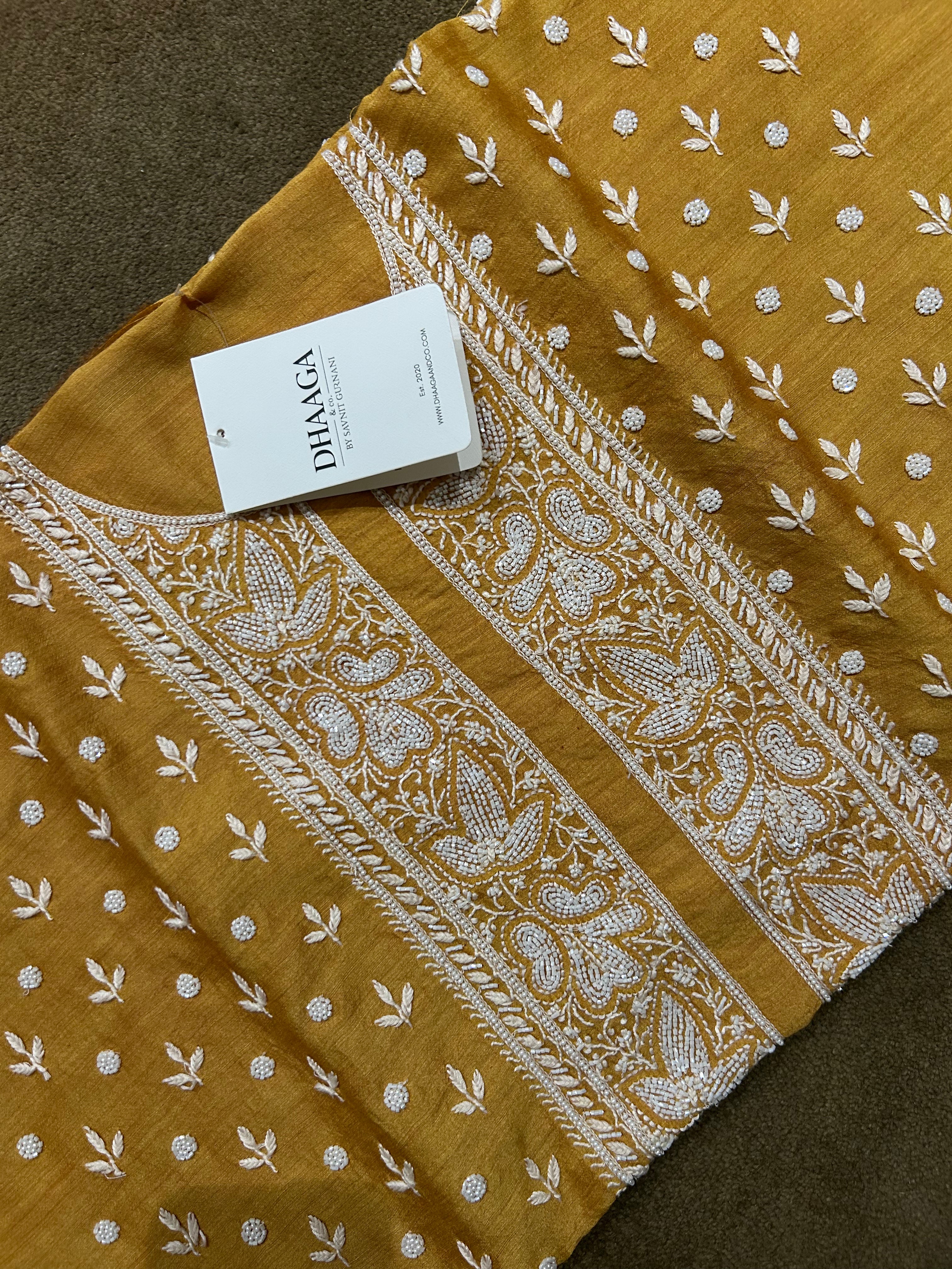 Mustard Mens Munga Silk Chikankari Kurta