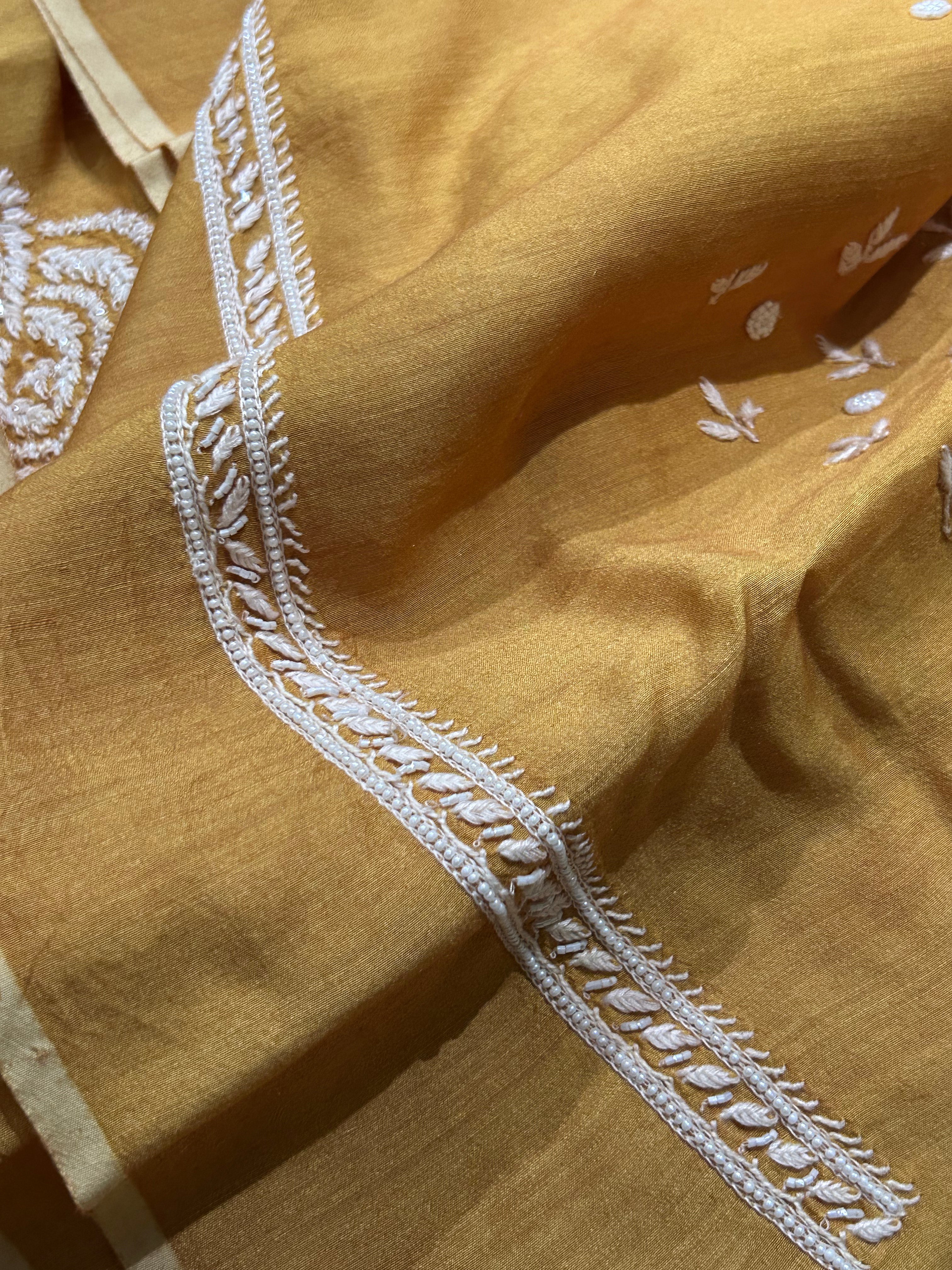 Mustard Mens Munga Silk Chikankari Kurta