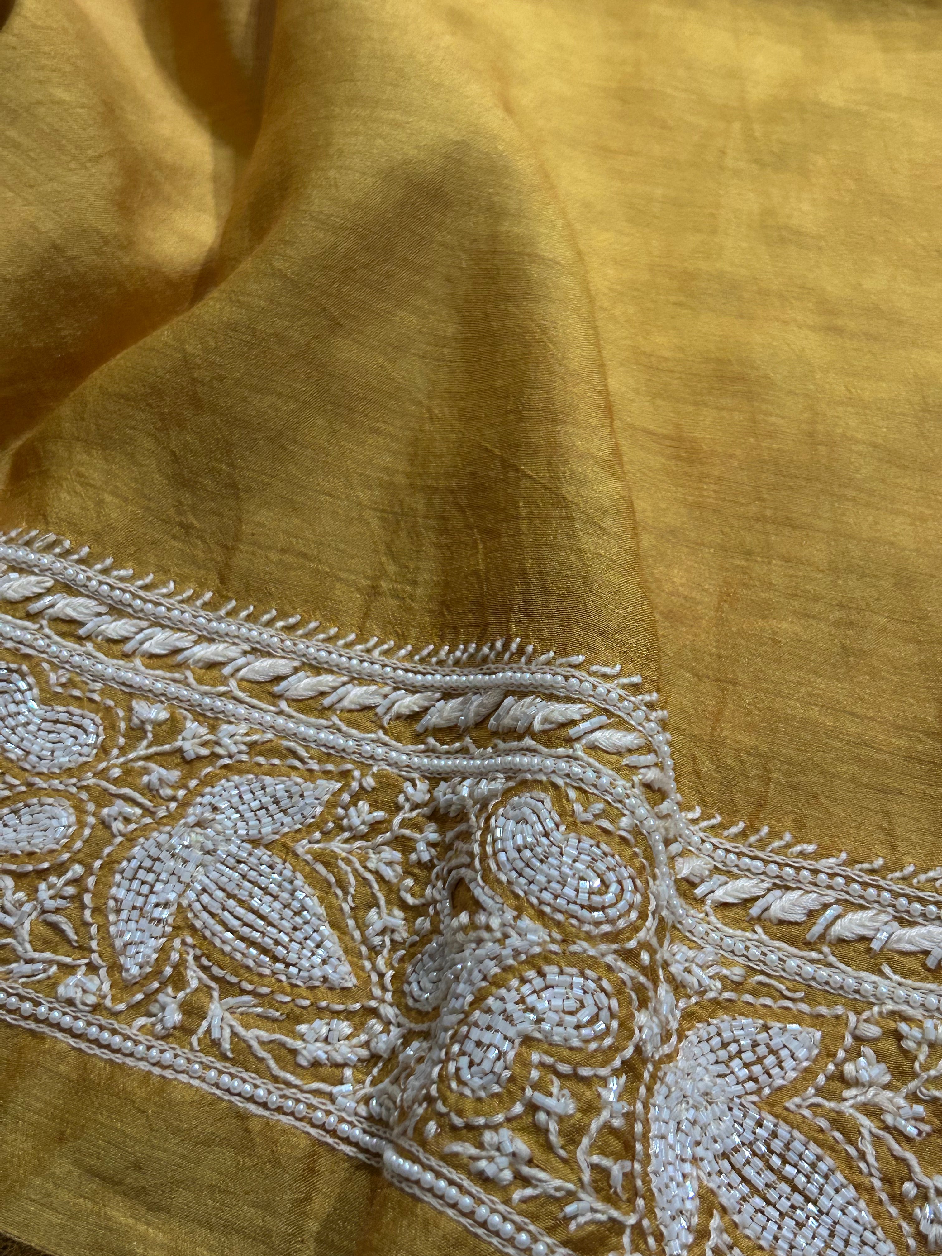 Mustard Mens Munga Silk Chikankari Kurta