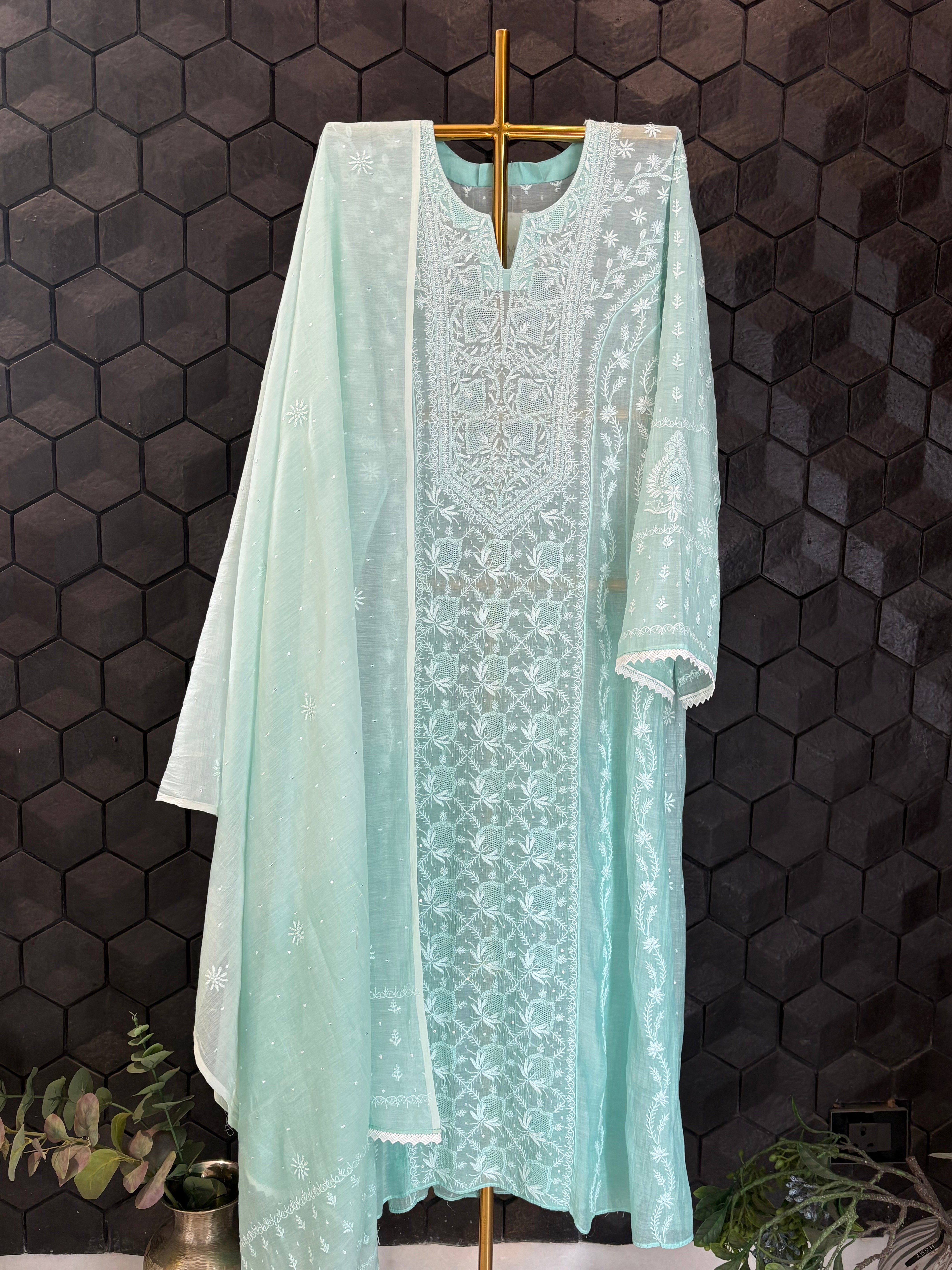 Sea Green Mul Chanderi Chikankari Anarkali Kurta Set
