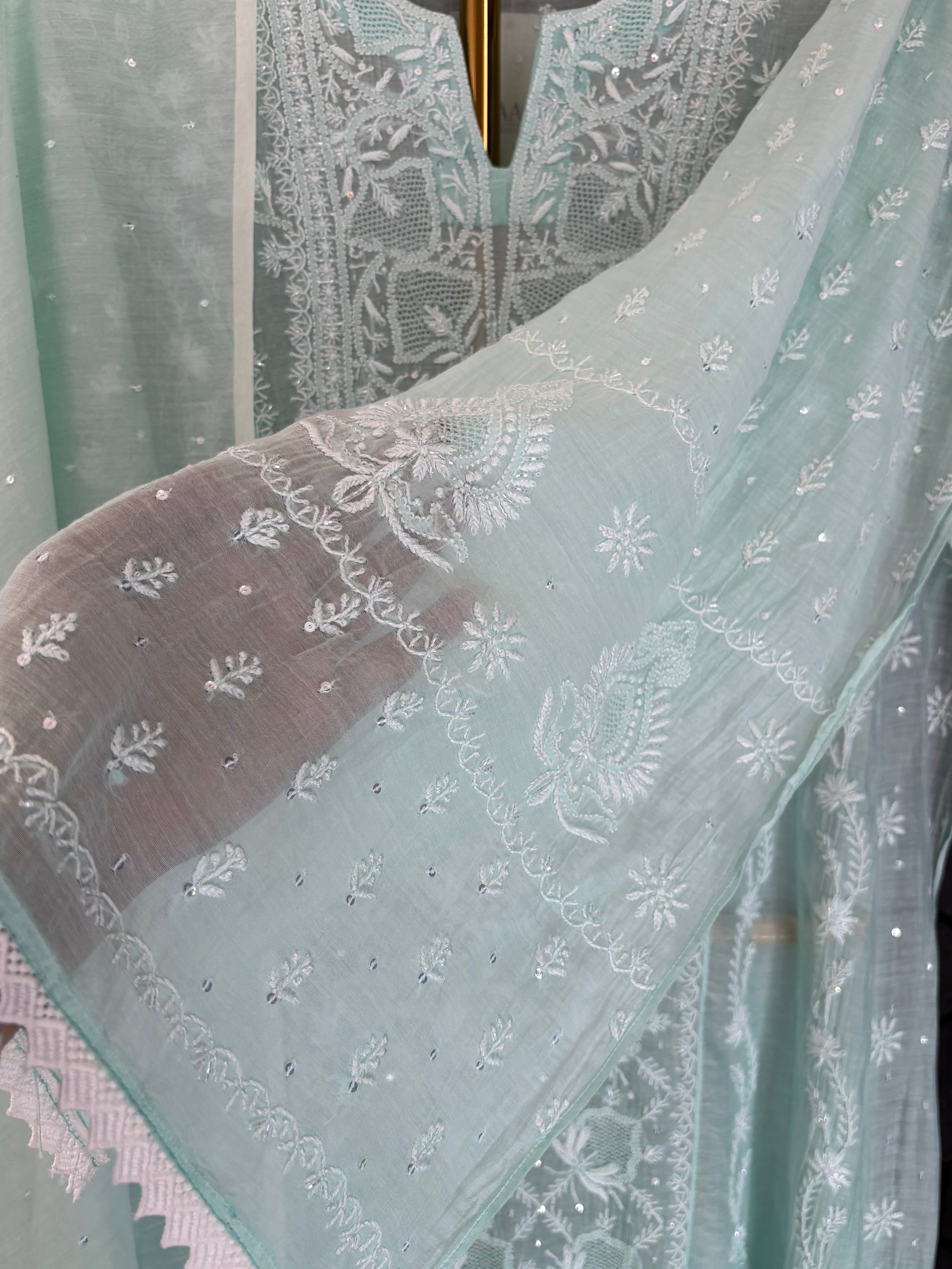 Sea Green Mul Chanderi Chikankari Anarkali Kurta Set