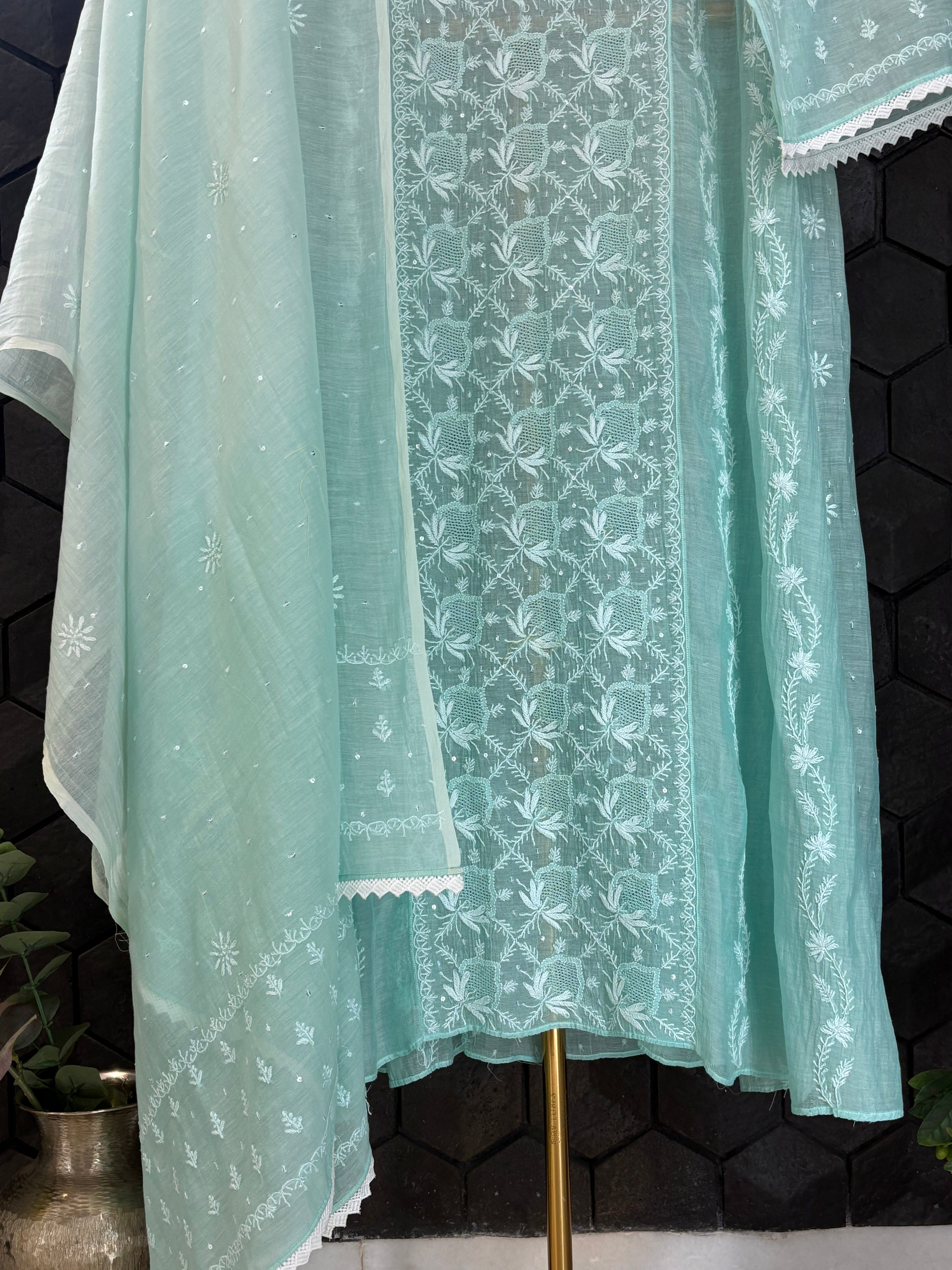 Sea Green Mul Chanderi Chikankari Anarkali Kurta Set