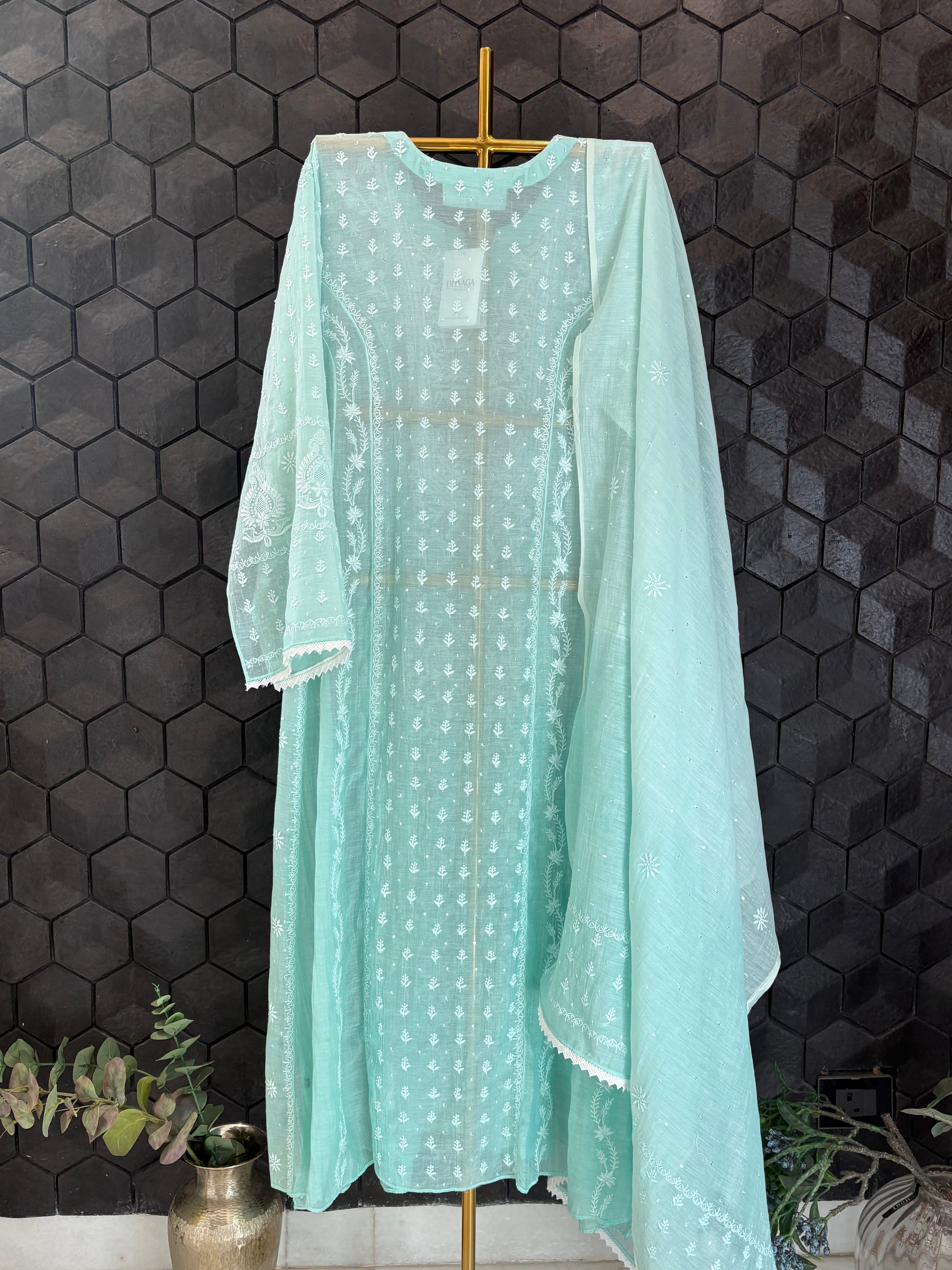 Sea Green Mul Chanderi Chikankari Anarkali Kurta Set