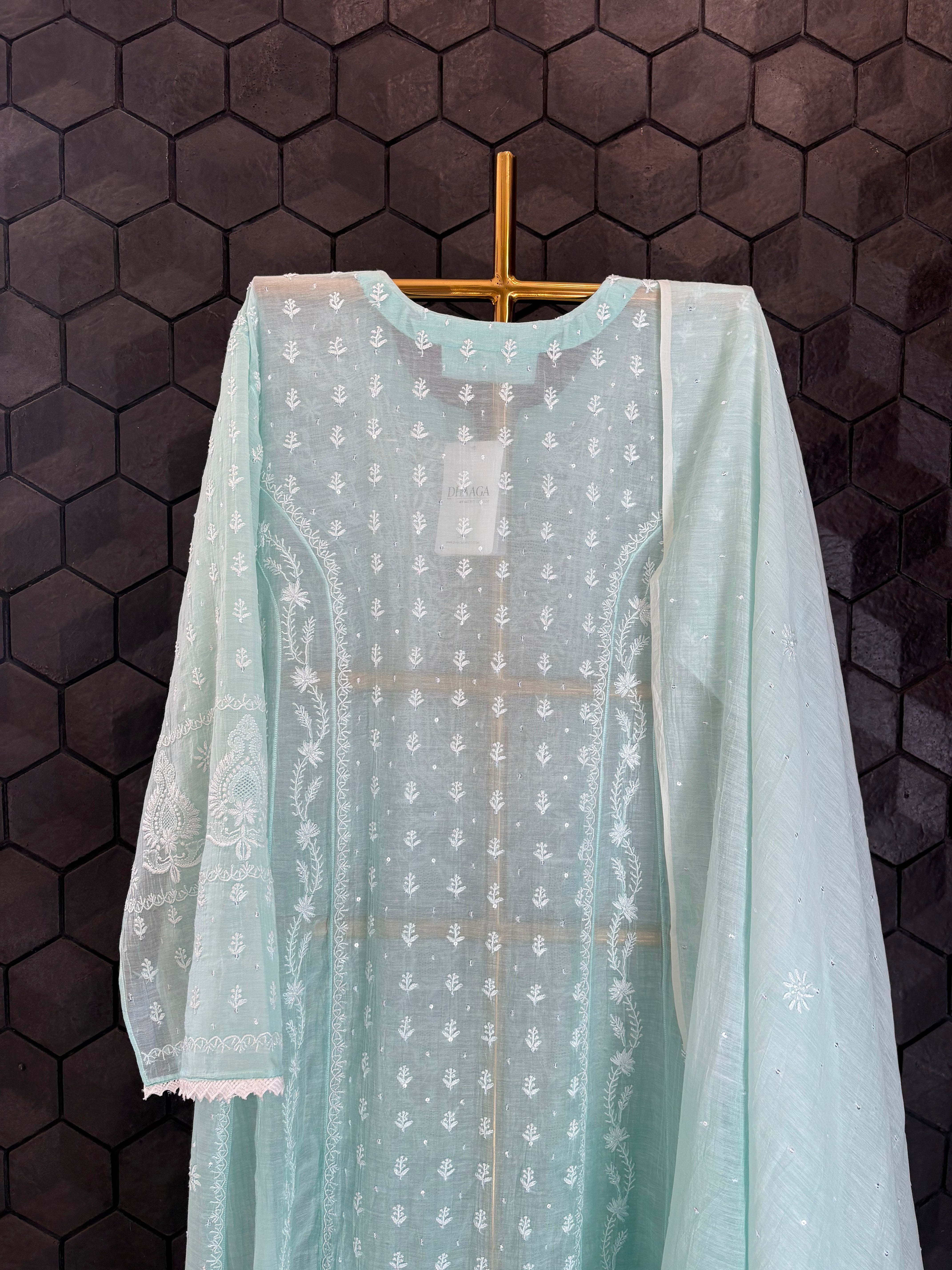 Sea Green Mul Chanderi Chikankari Anarkali Kurta Set