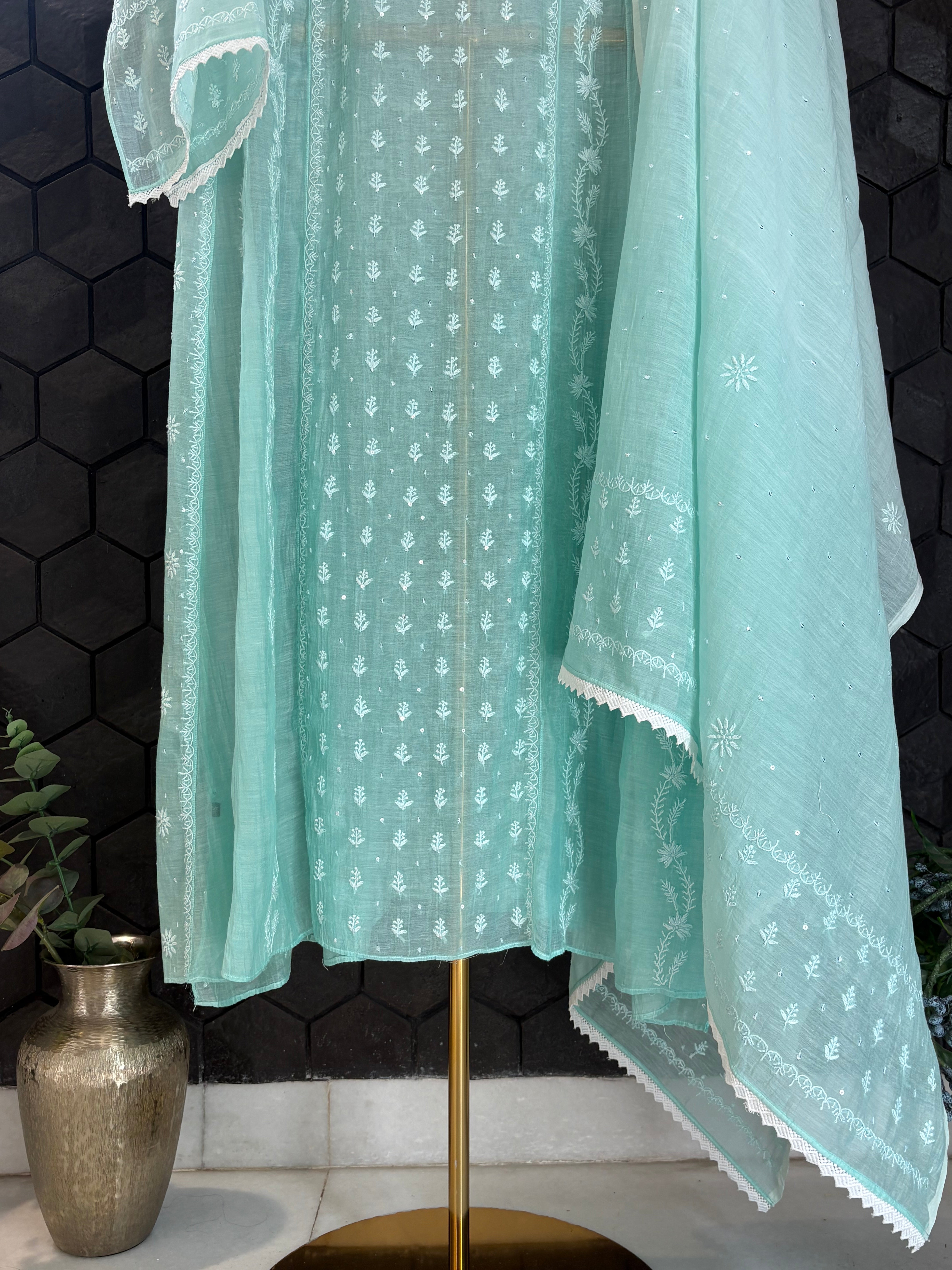 Sea Green Mul Chanderi Chikankari Anarkali Kurta Set