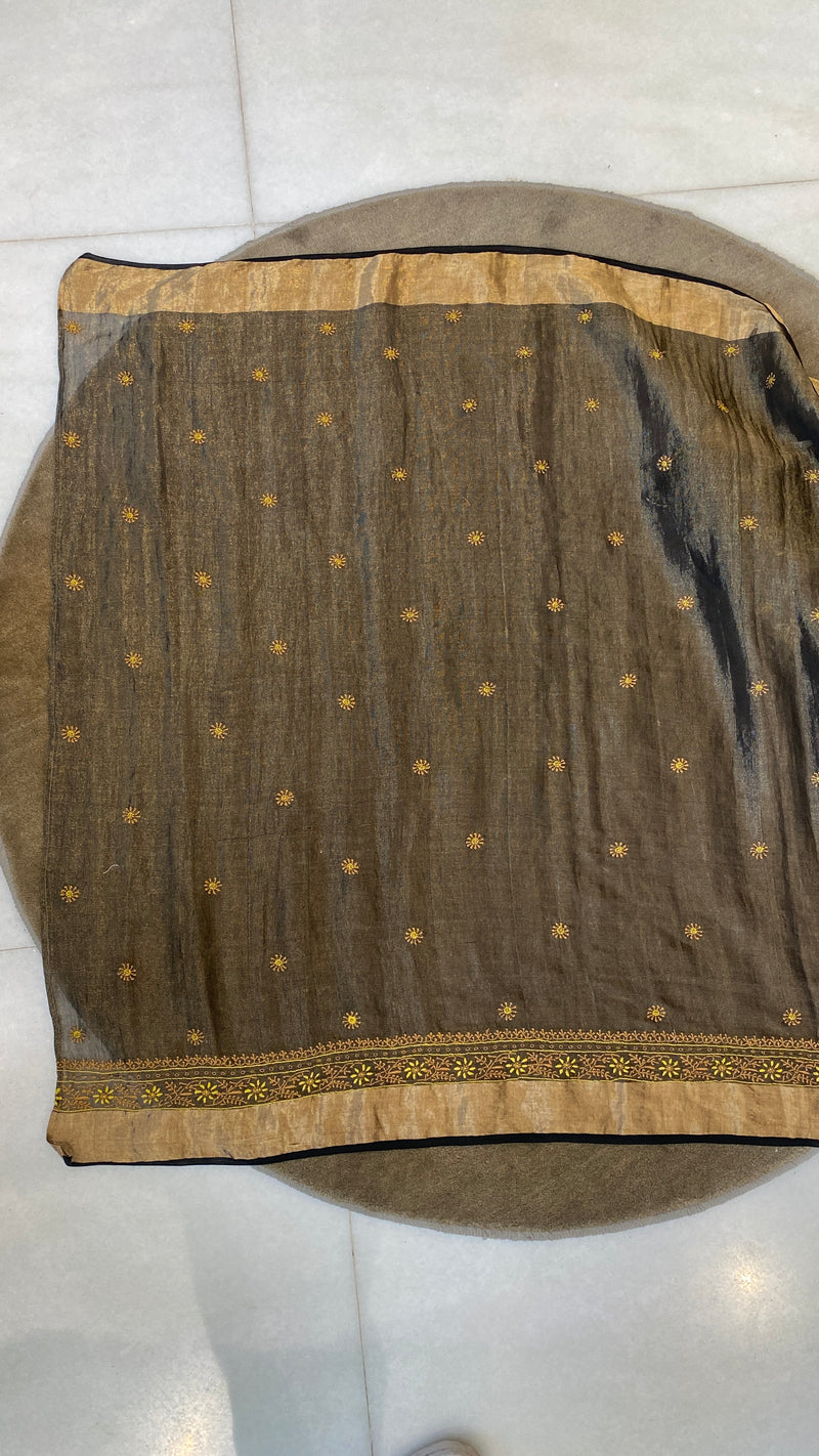 Black tissue saree with multicolour chikankari work