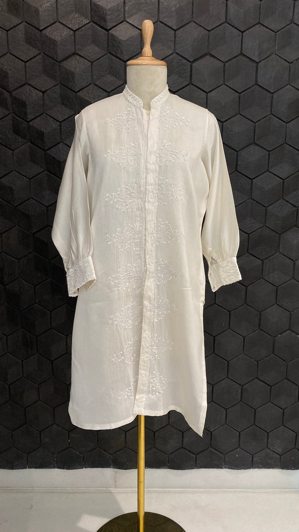 Classic white chanderi chikankari long shirt