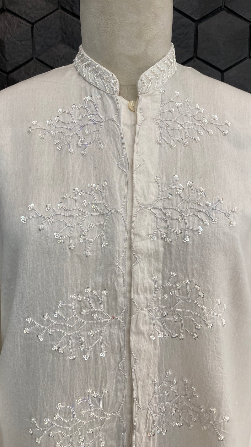 Classic white chanderi chikankari long shirt