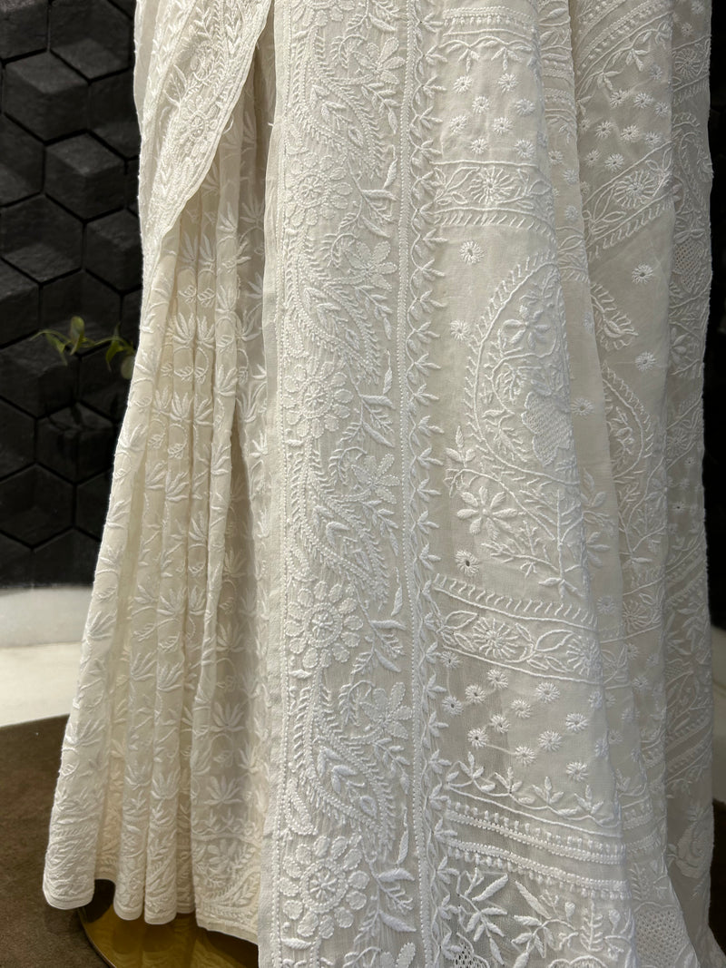 Premium white georgette chikankari saree with statement lotus and jaal work