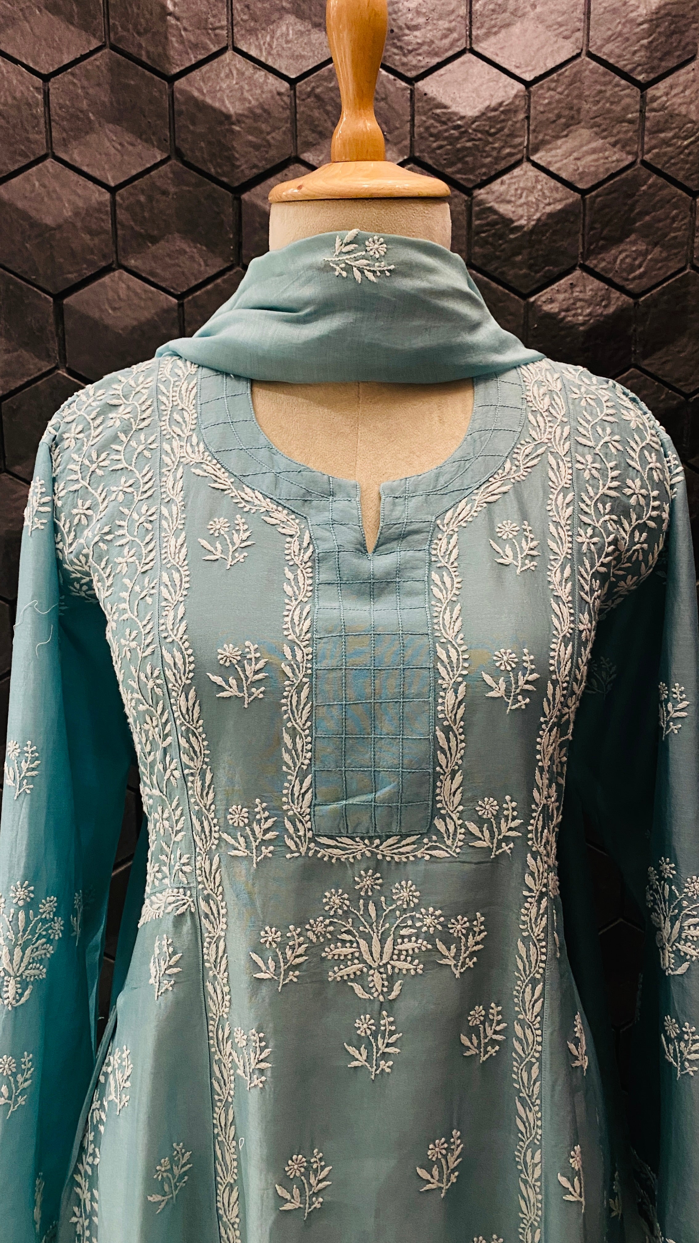 Green Chanderi Chikankari kurta set