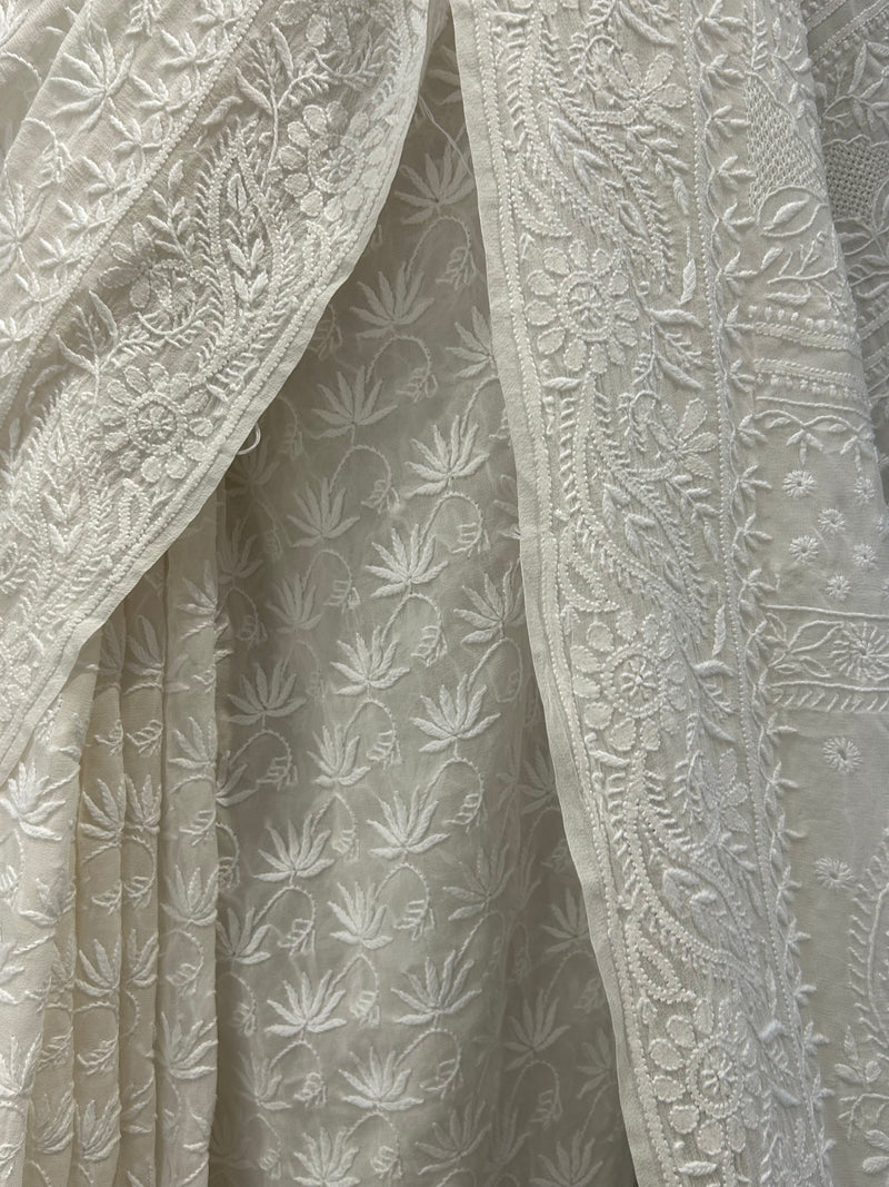 Premium white georgette chikankari saree with statement lotus and jaal work
