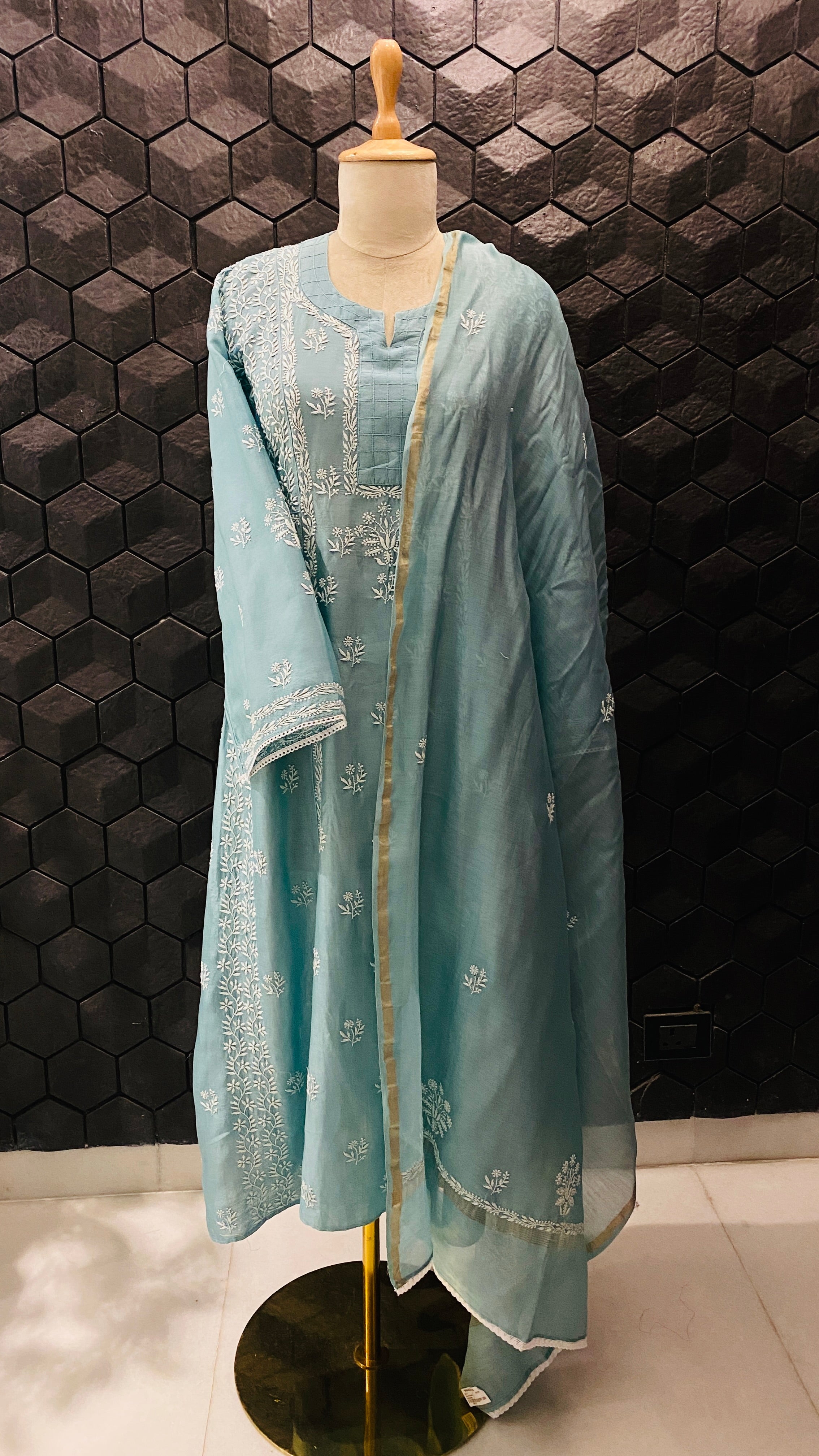 Green Chanderi Chikankari kurta set