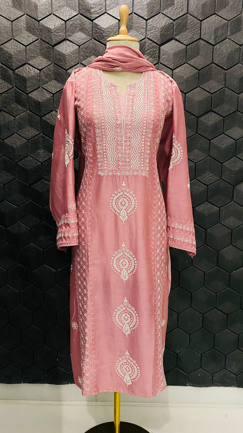 Pink chanderi chikankari kurta set