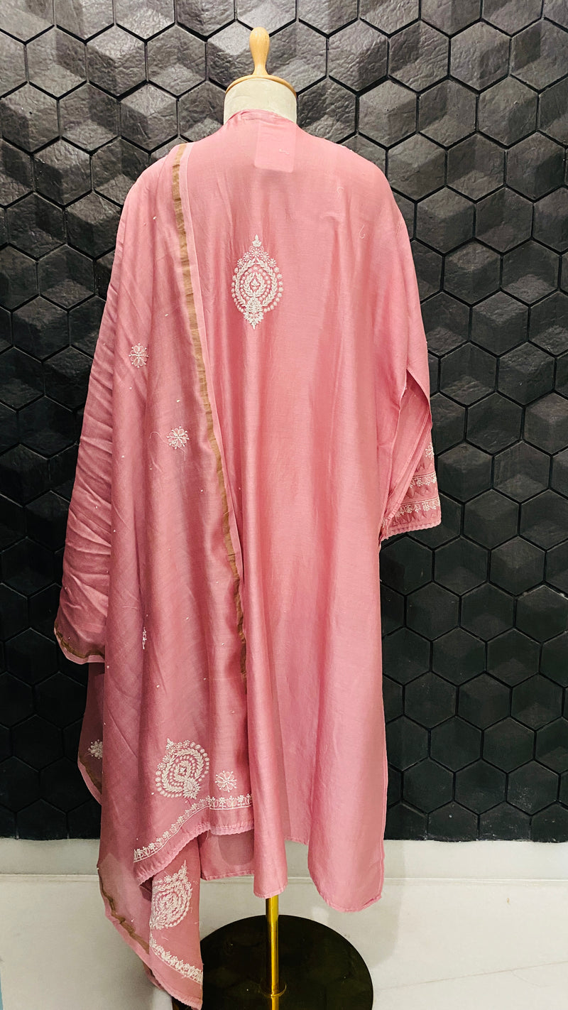 Pink chanderi chikankari kurta set