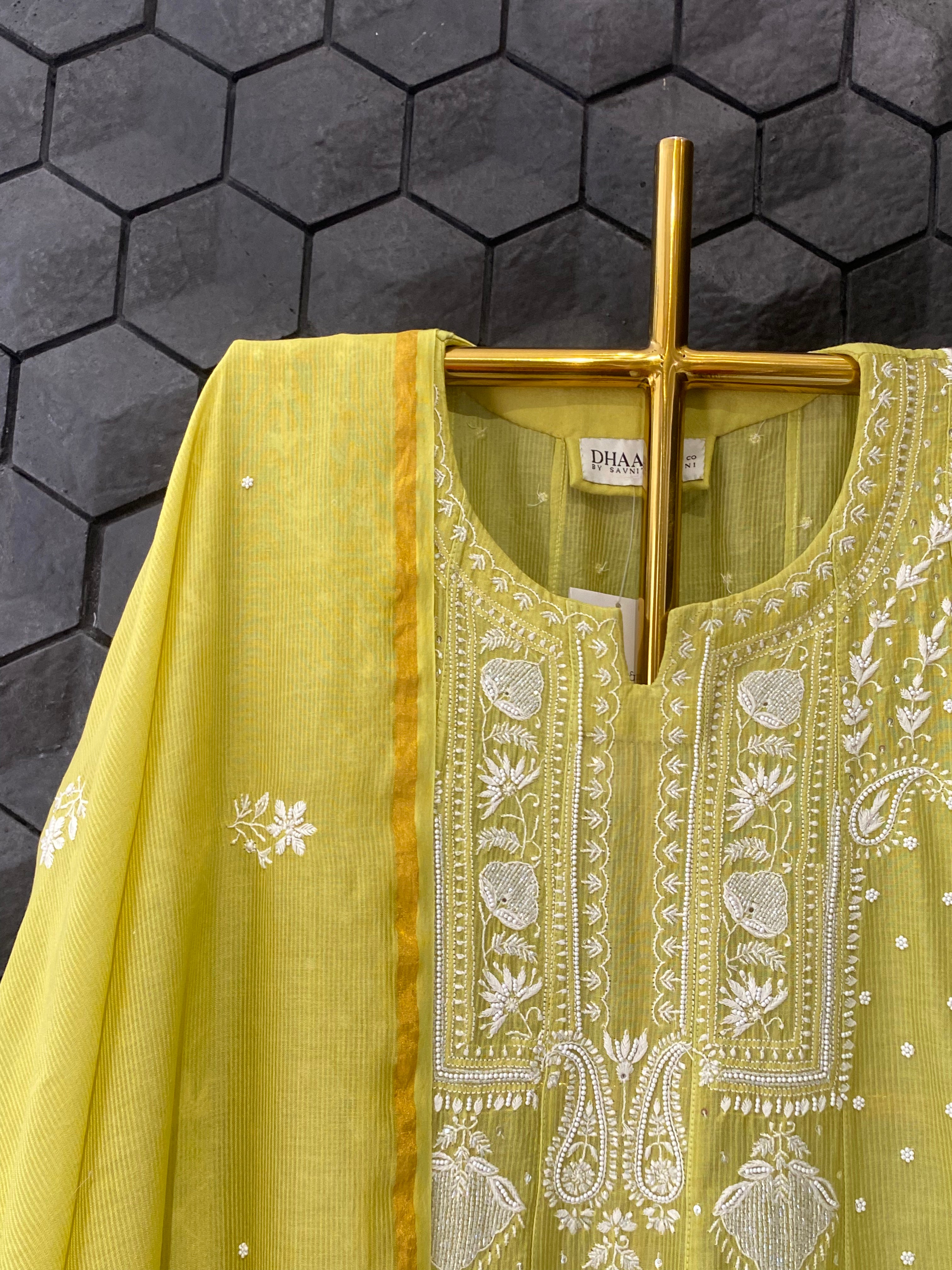 Lime Green Maheshwari Chanderi Chikankari Anarkali Set