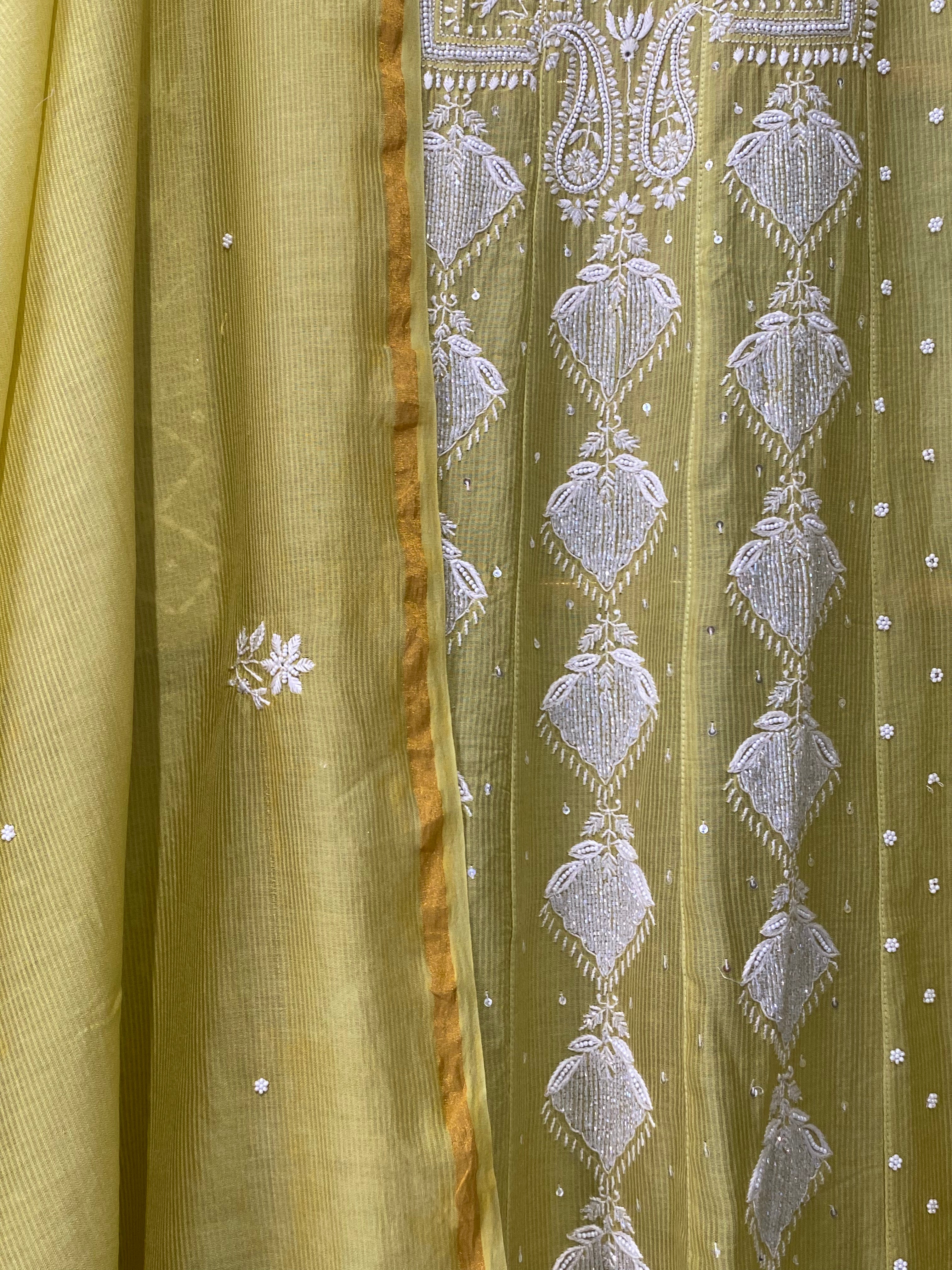 Lime Green Maheshwari Chanderi Chikankari Anarkali Set