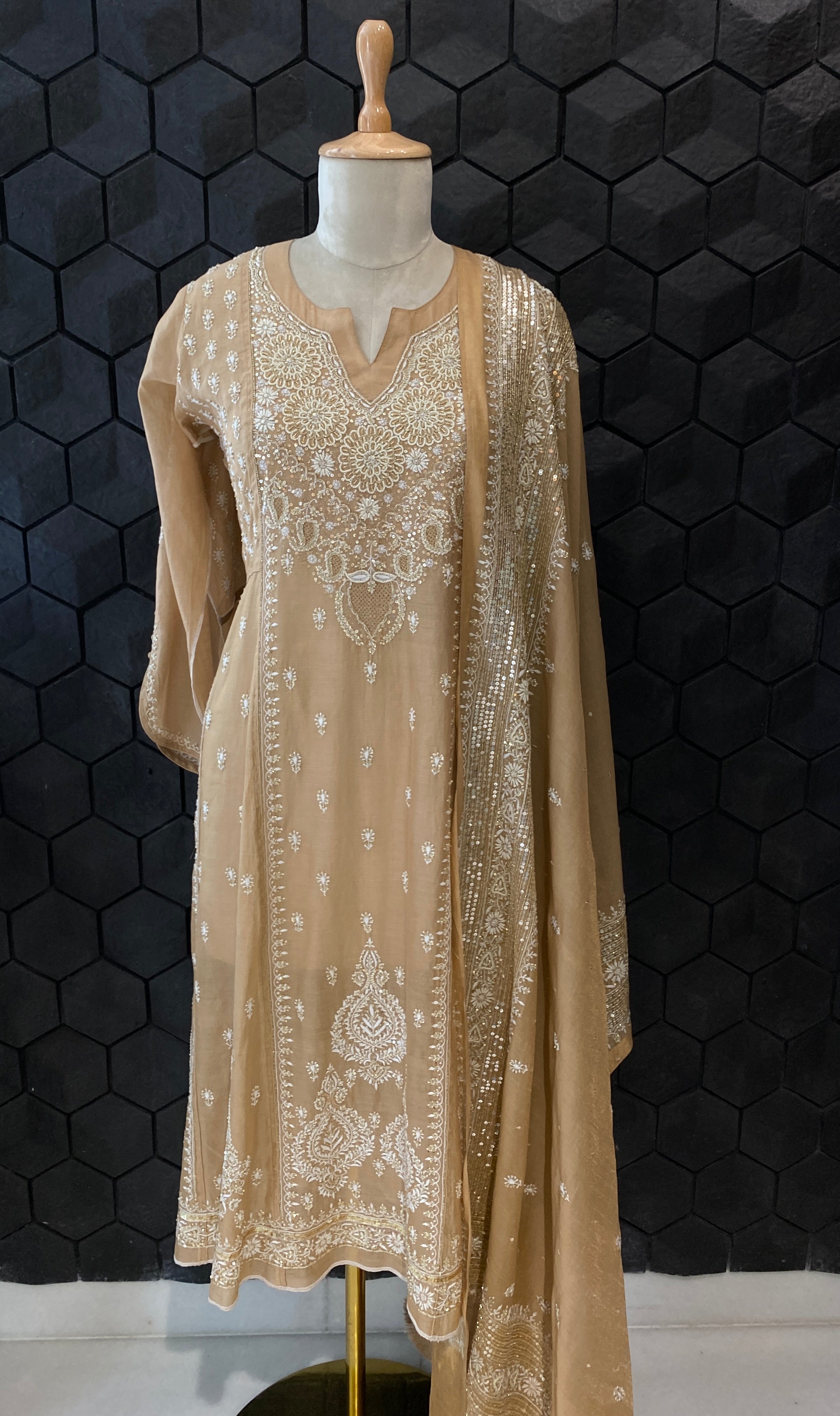 Peach tissue chikankari Anarkali set