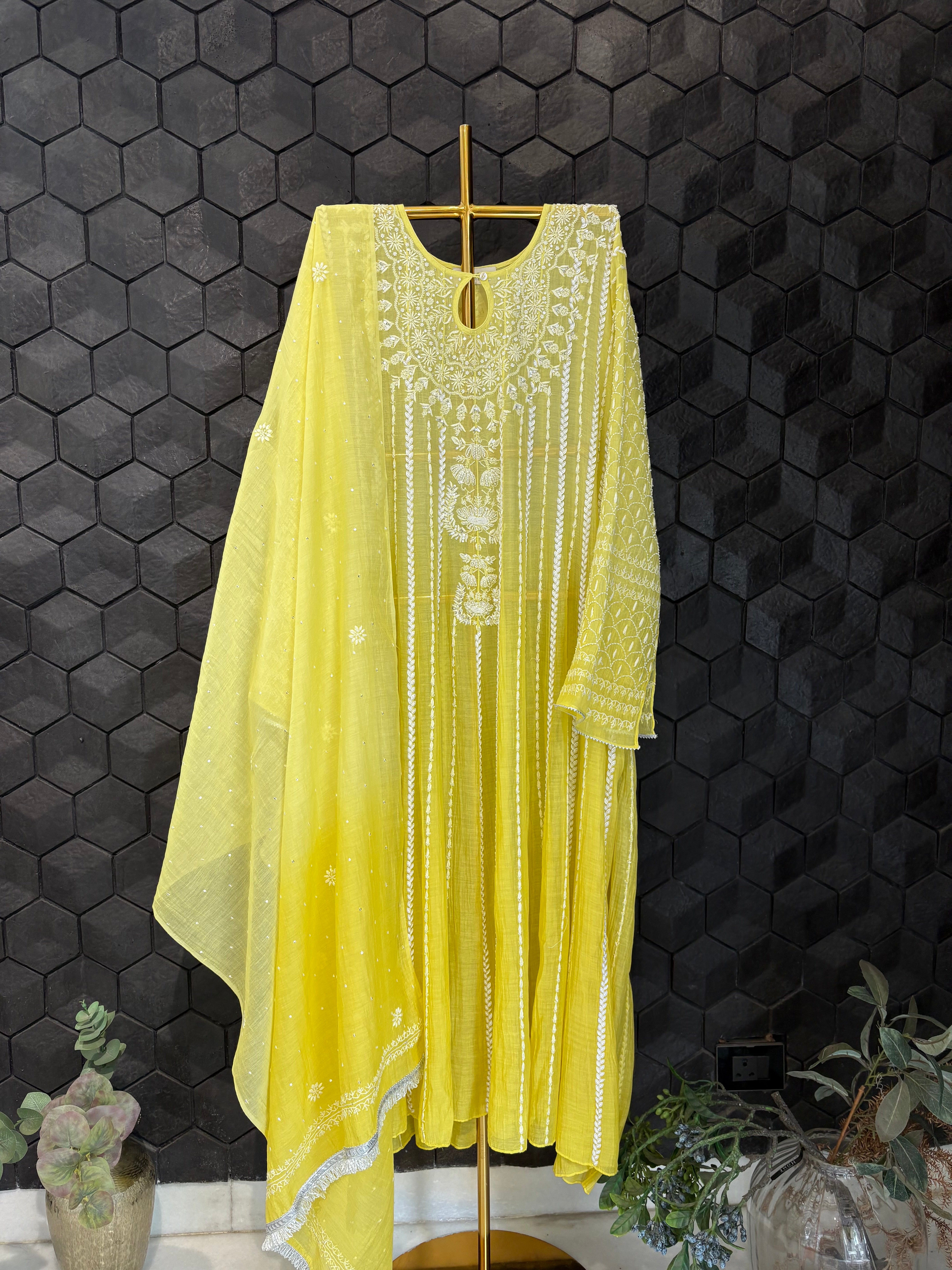 Lemon Yellow Mul Chanderi Anarkali Set
