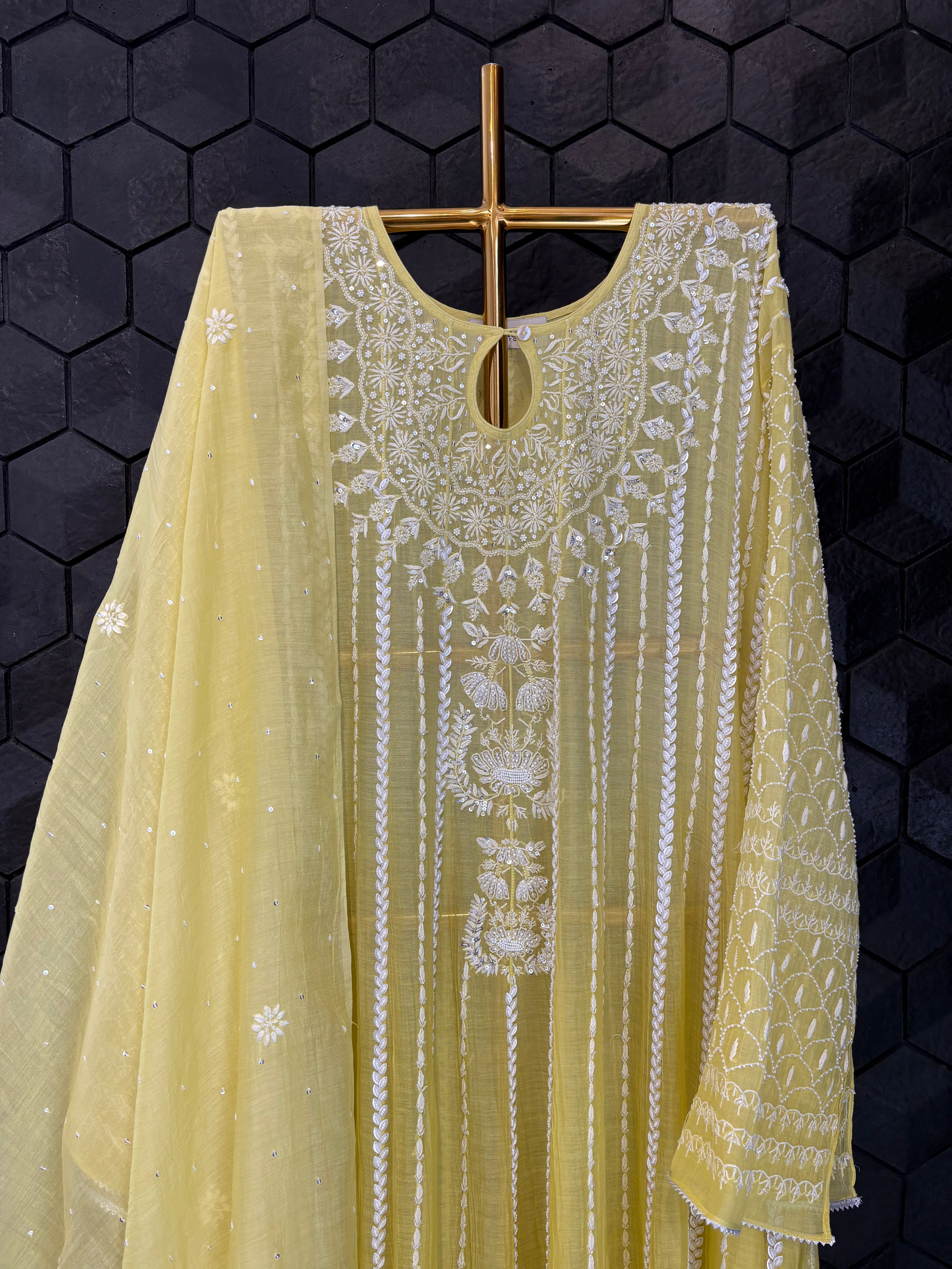 Lemon Yellow Mul Chanderi Anarkali Set