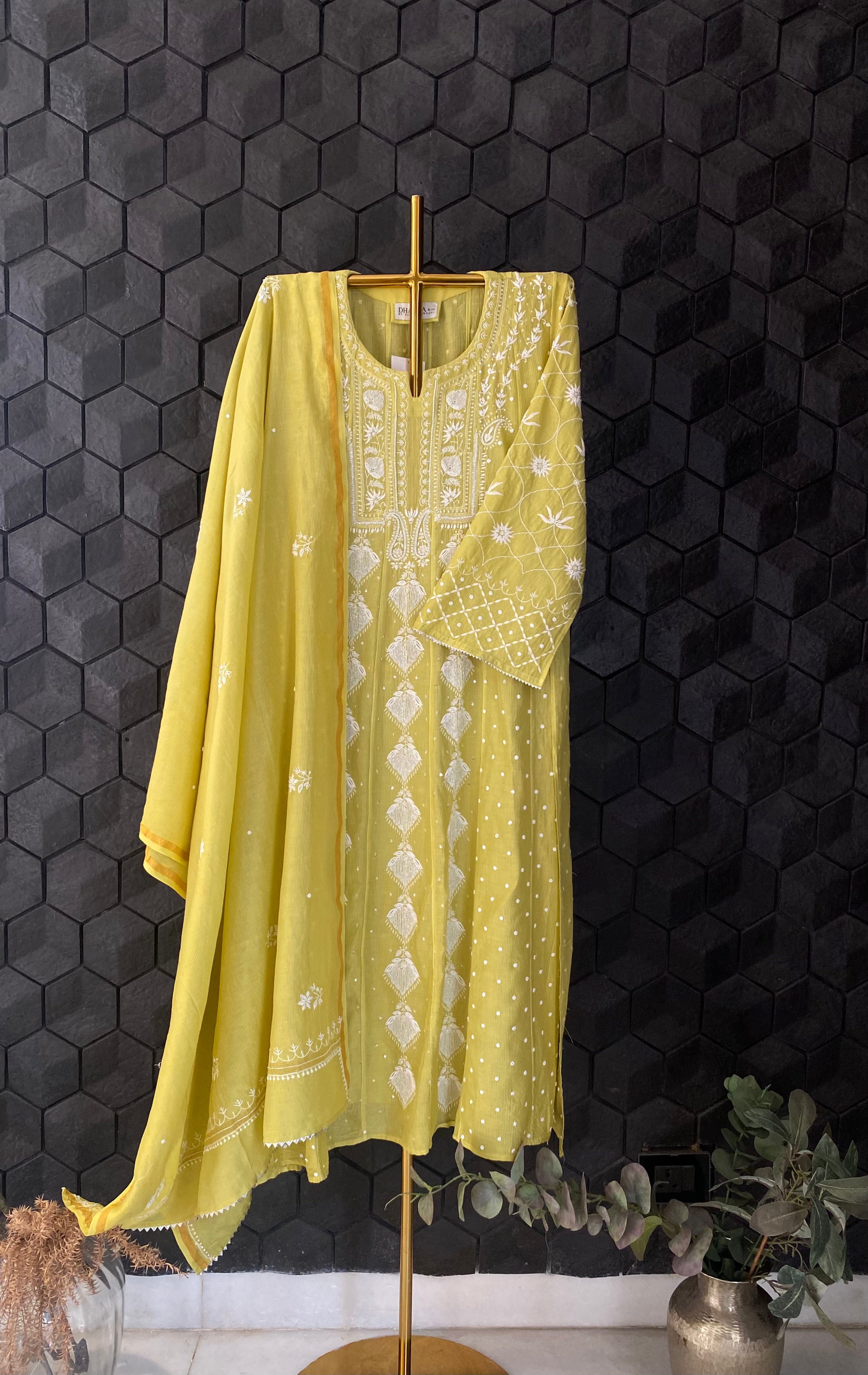 Lime Green Maheshwari Chanderi Chikankari Anarkali Set