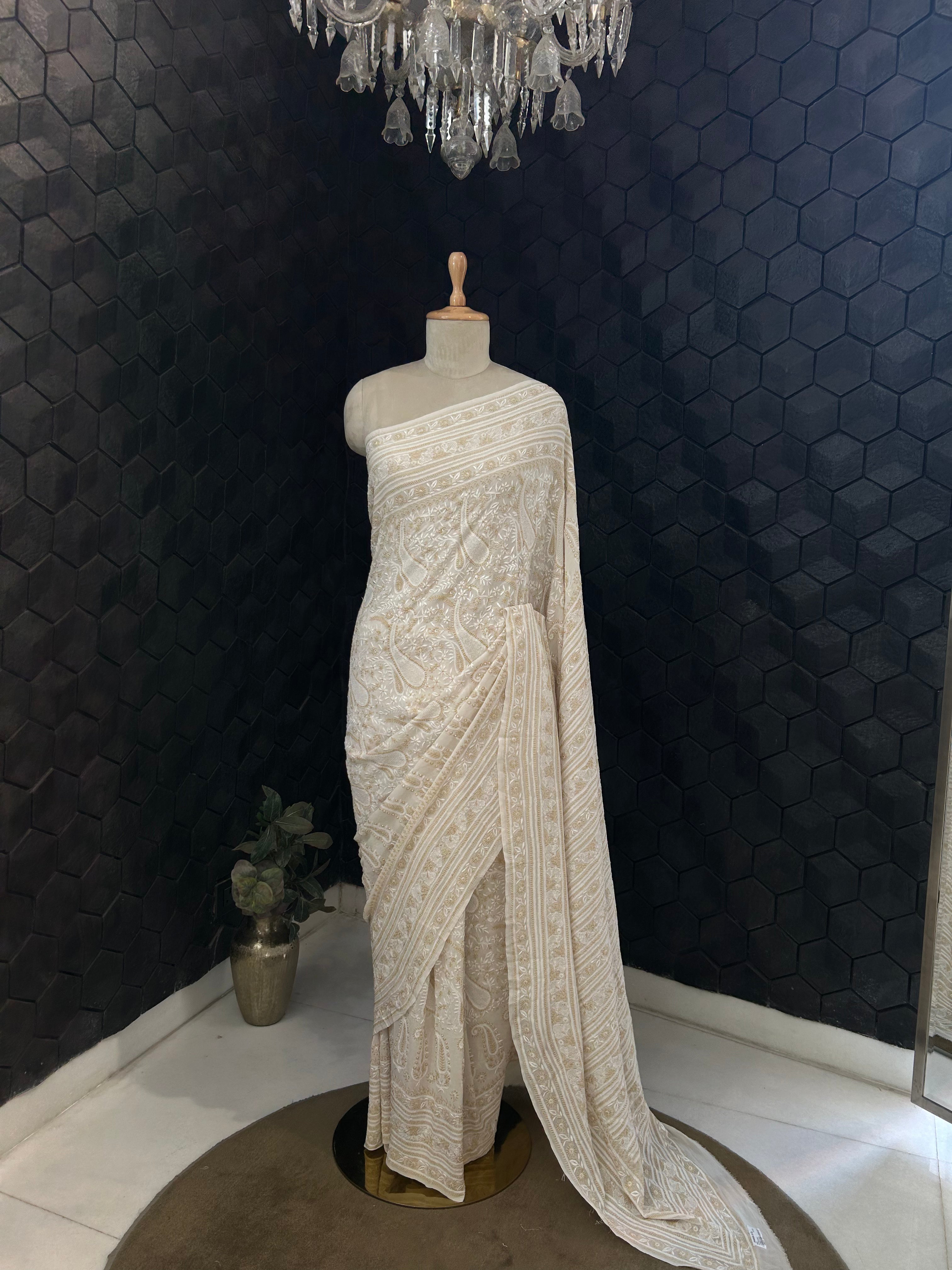 Premium White Georgette Resham thread Chikankari