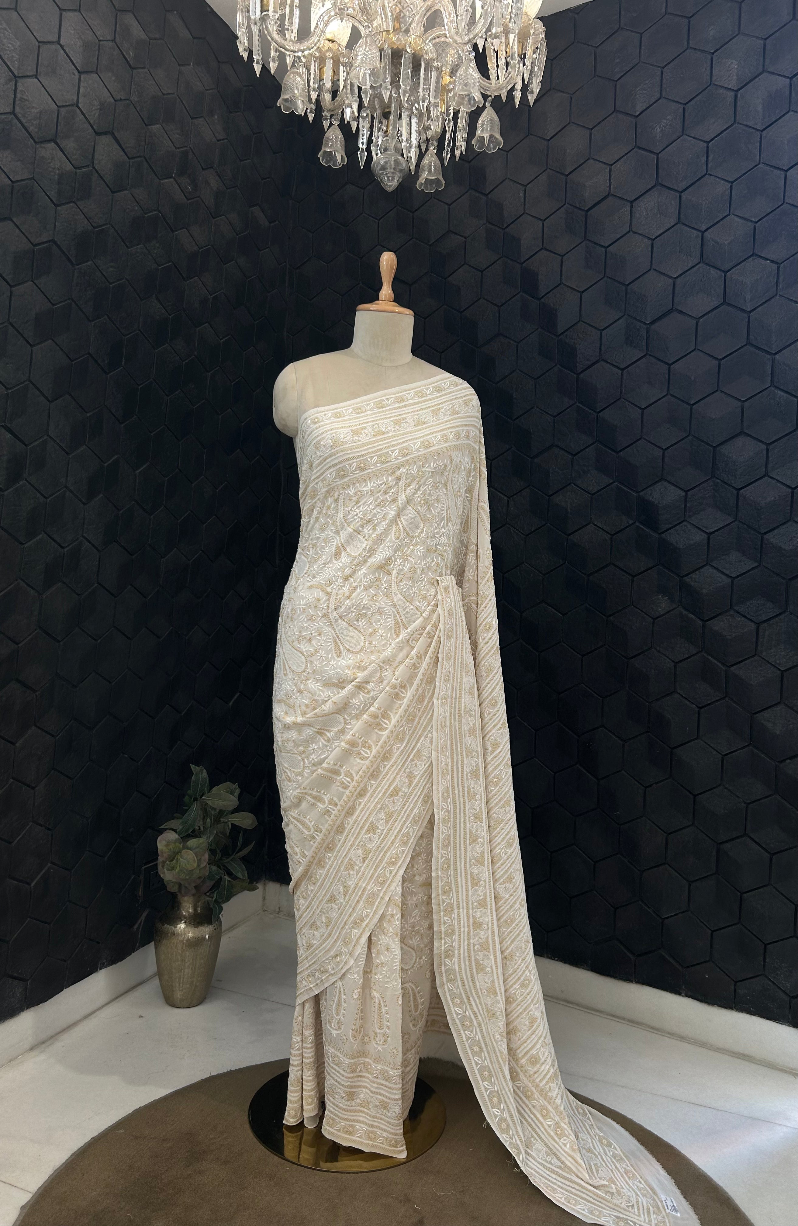 Premium White Georgette Resham thread Chikankari