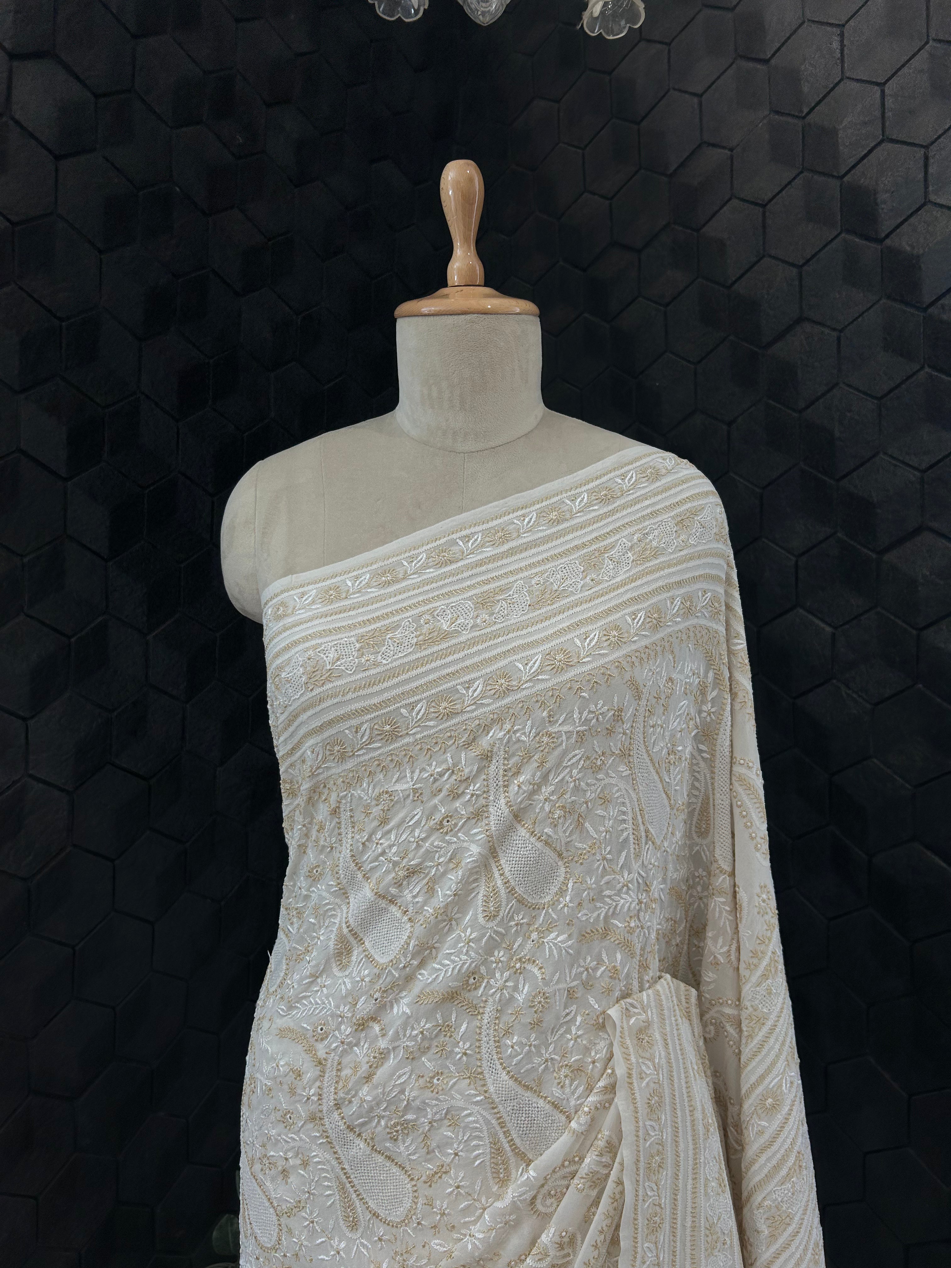 Premium White Georgette Resham thread Chikankari