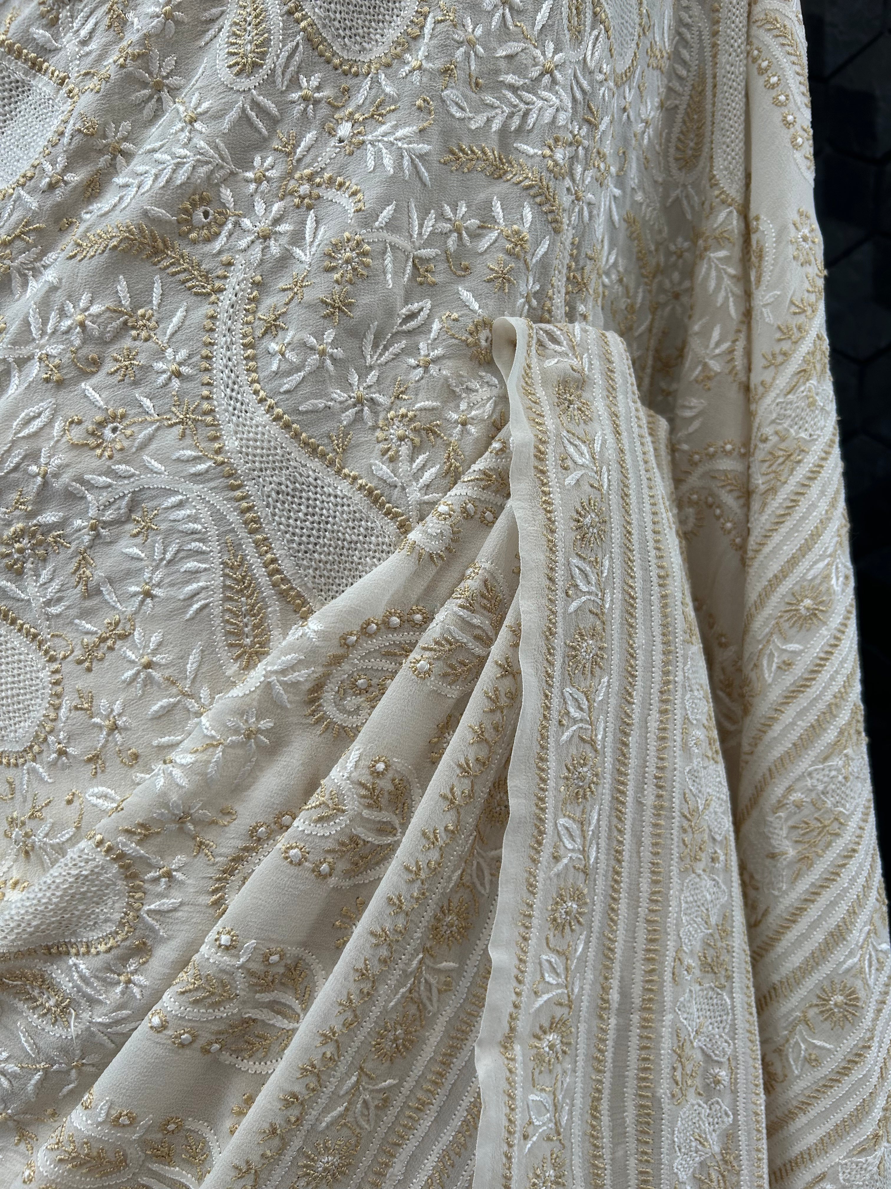 Premium White Georgette Resham thread Chikankari