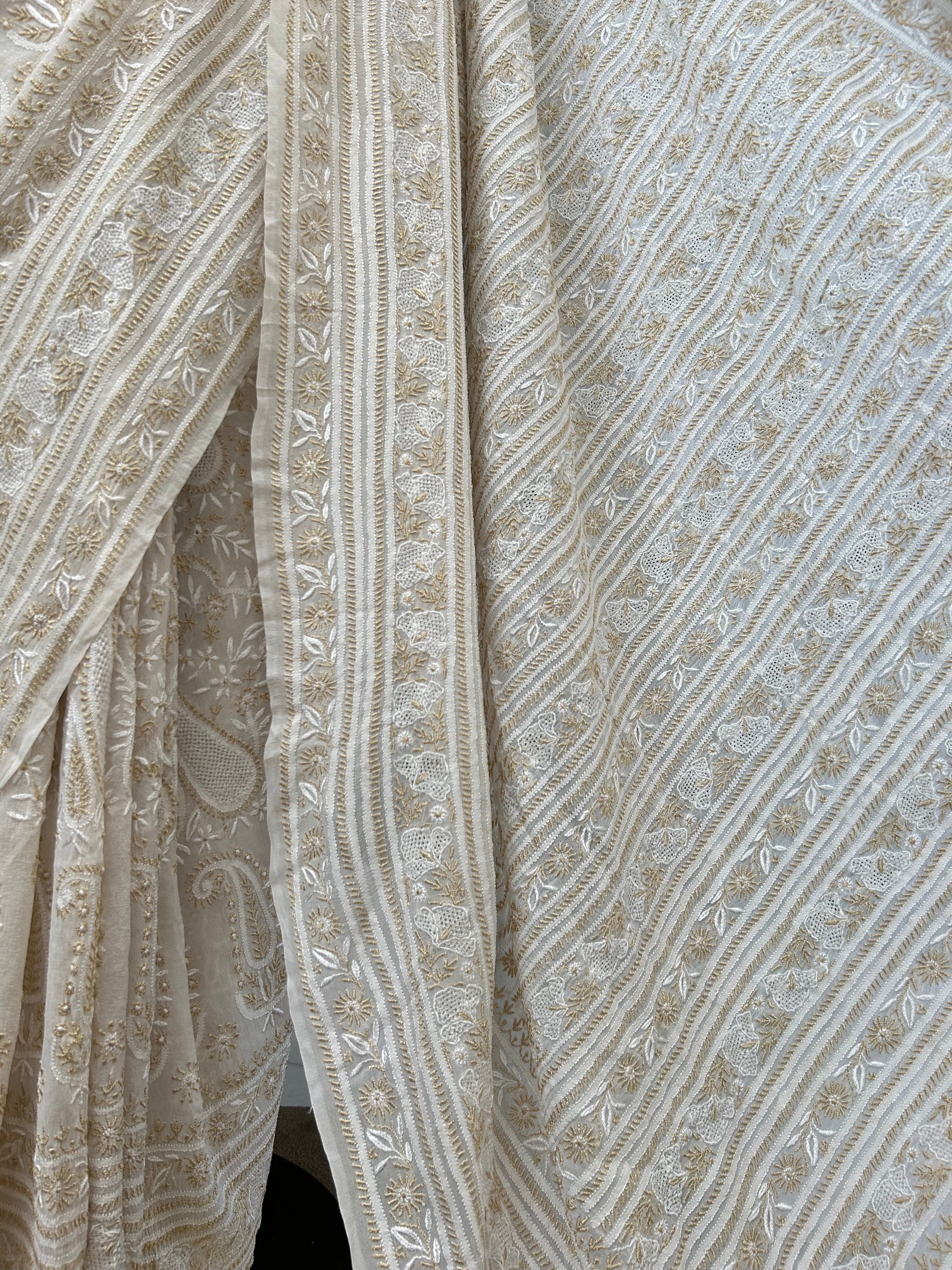 Premium White Georgette Resham thread Chikankari