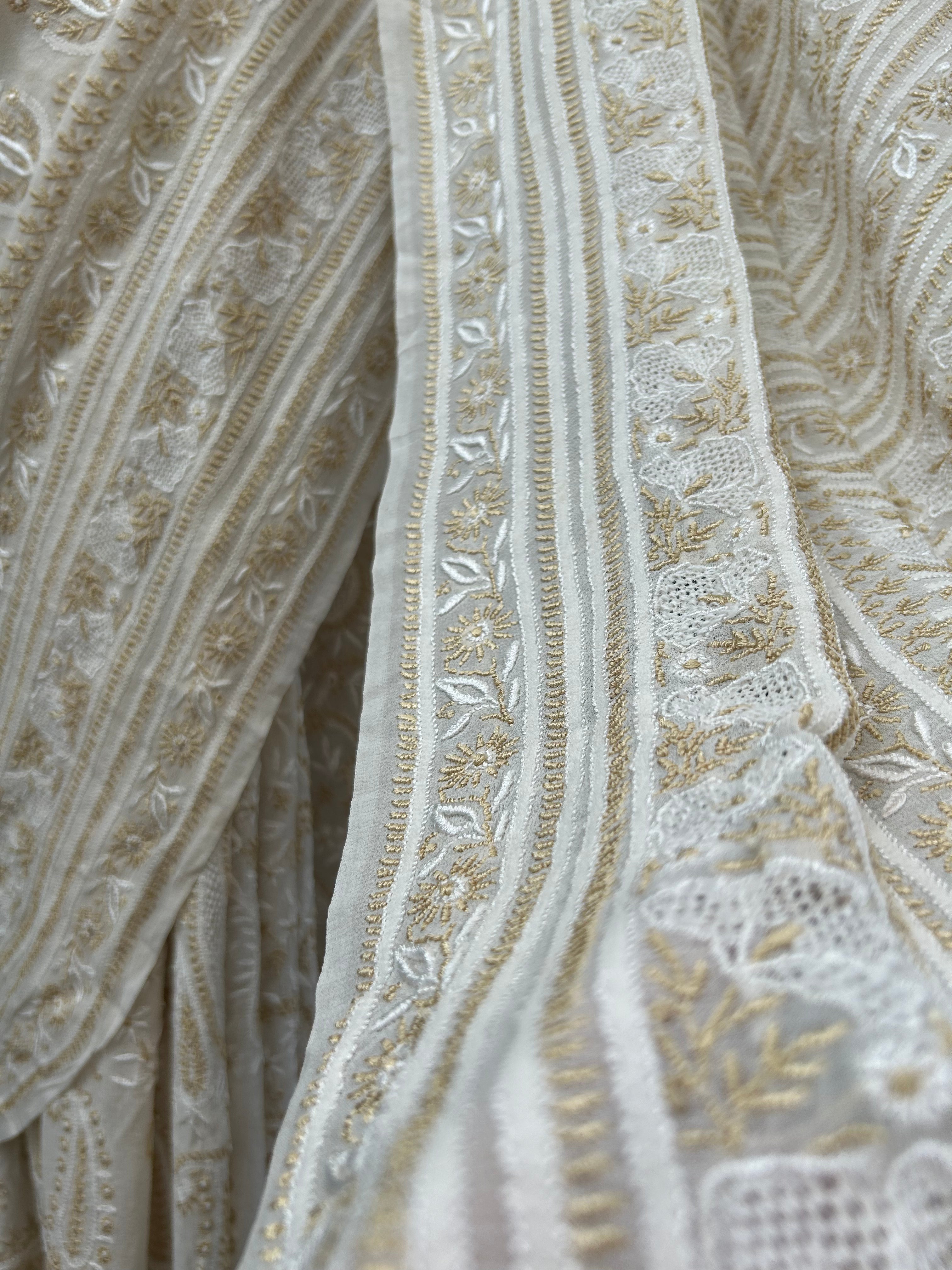 Premium White Georgette Resham thread Chikankari