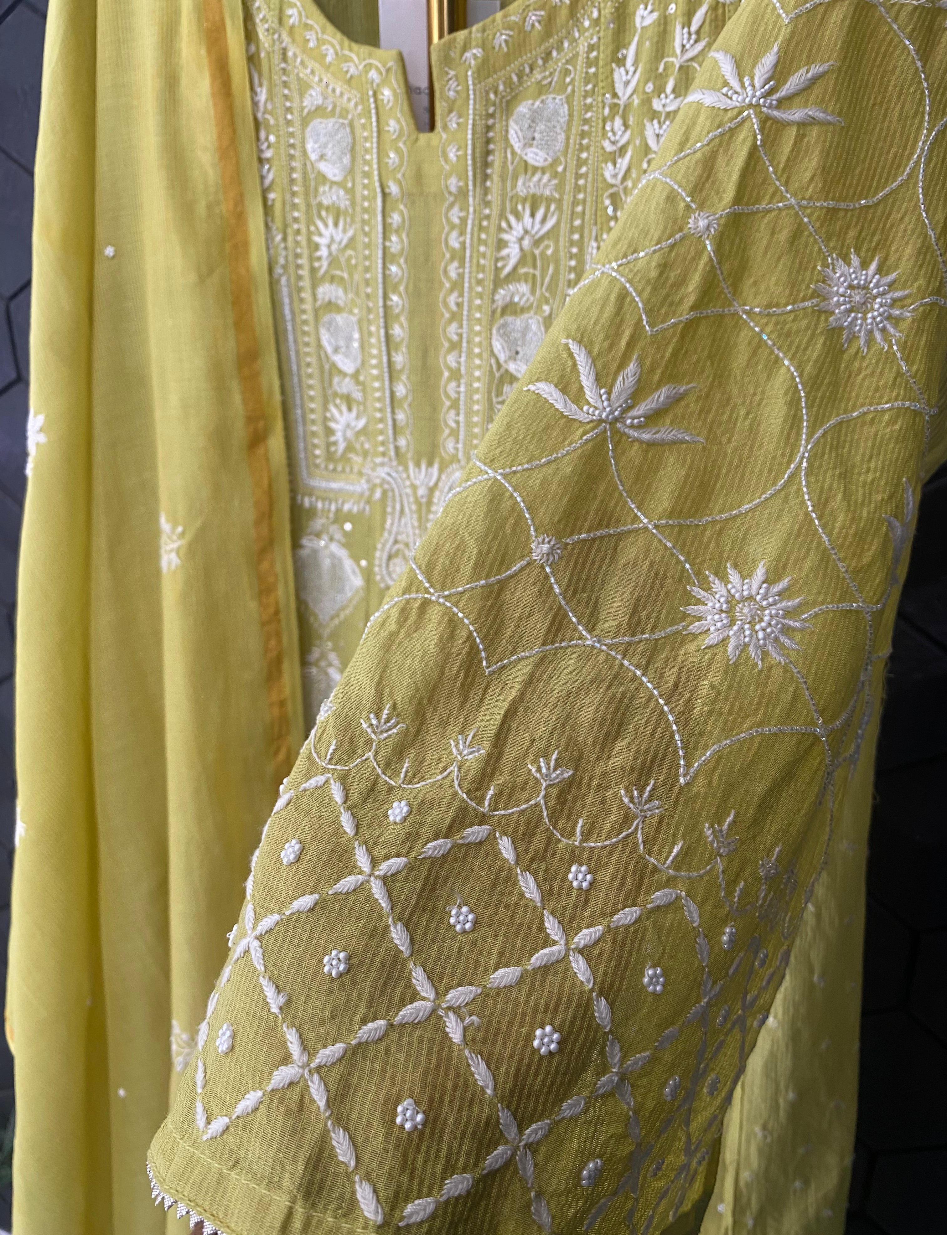 Lime Green Maheshwari Chanderi Chikankari Anarkali Set