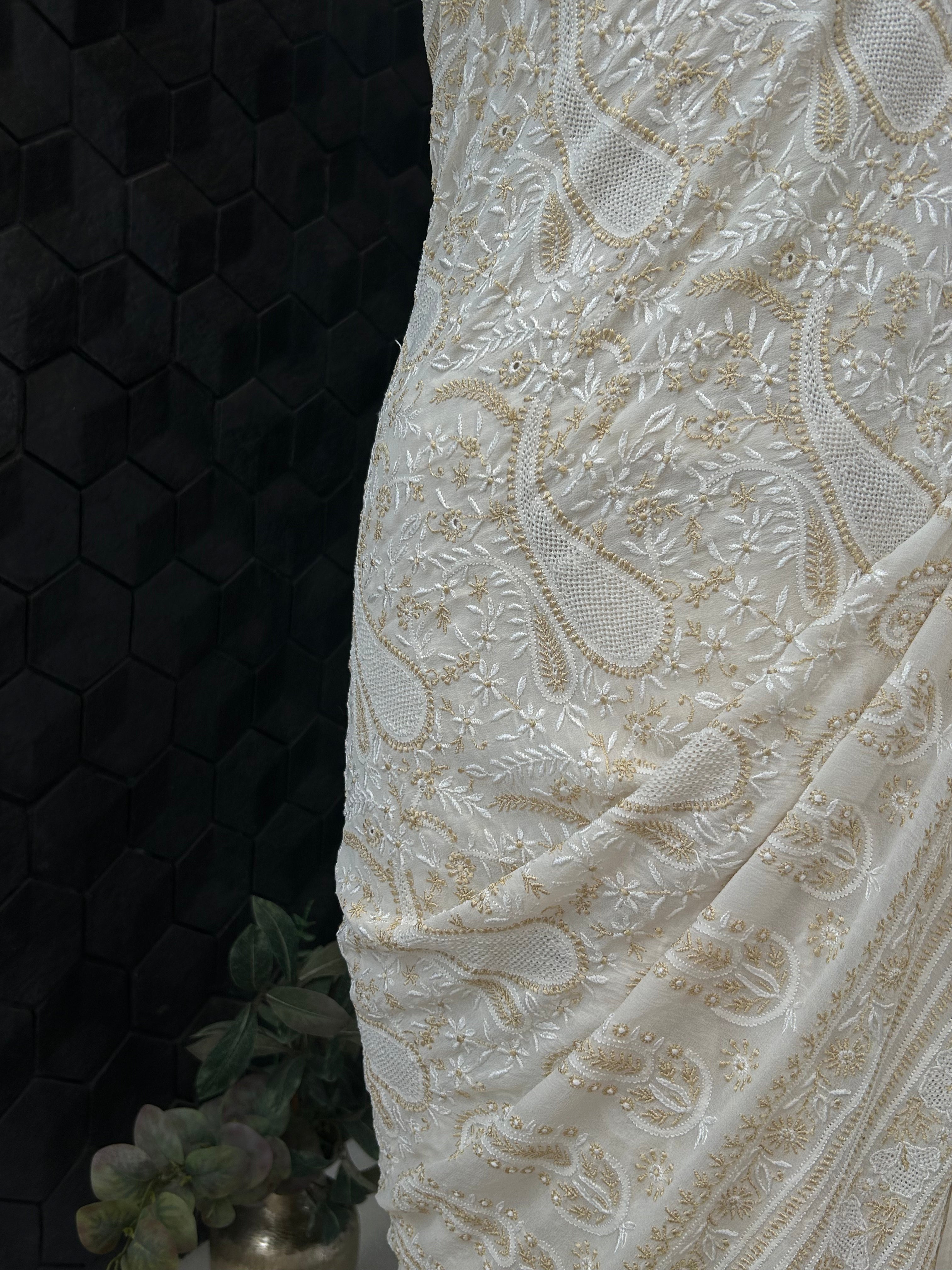 Premium White Georgette Resham thread Chikankari