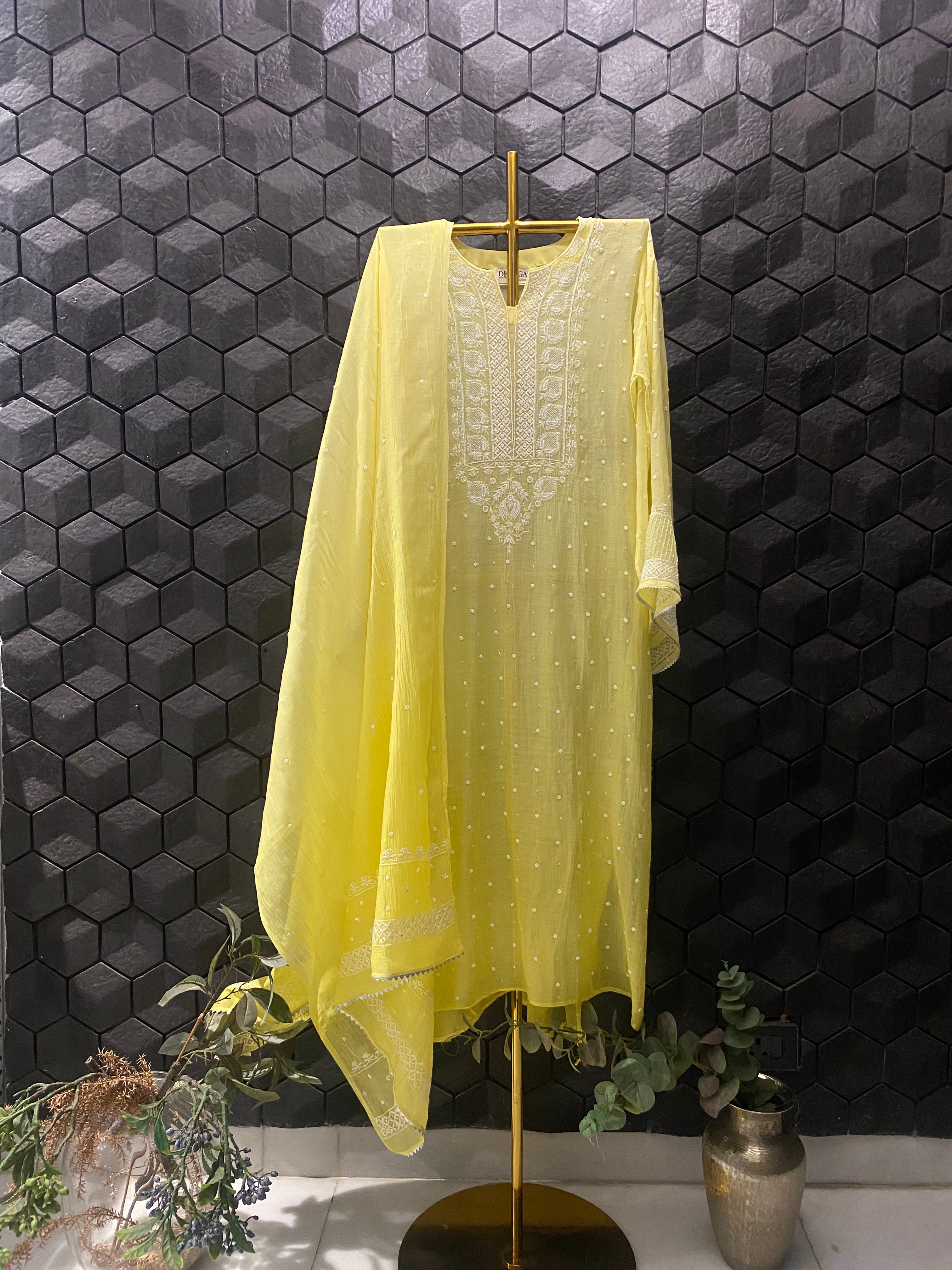 Yellow Mul Chanderi Chikankari Kurta Set