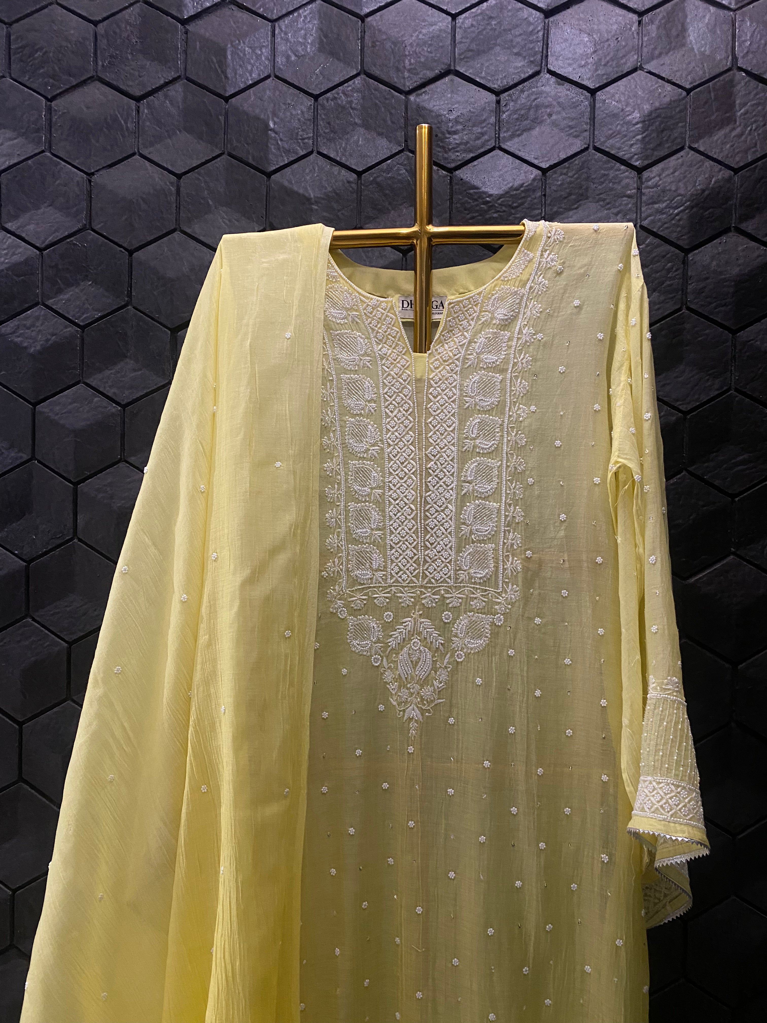 Yellow Mul Chanderi Chikankari Kurta Set