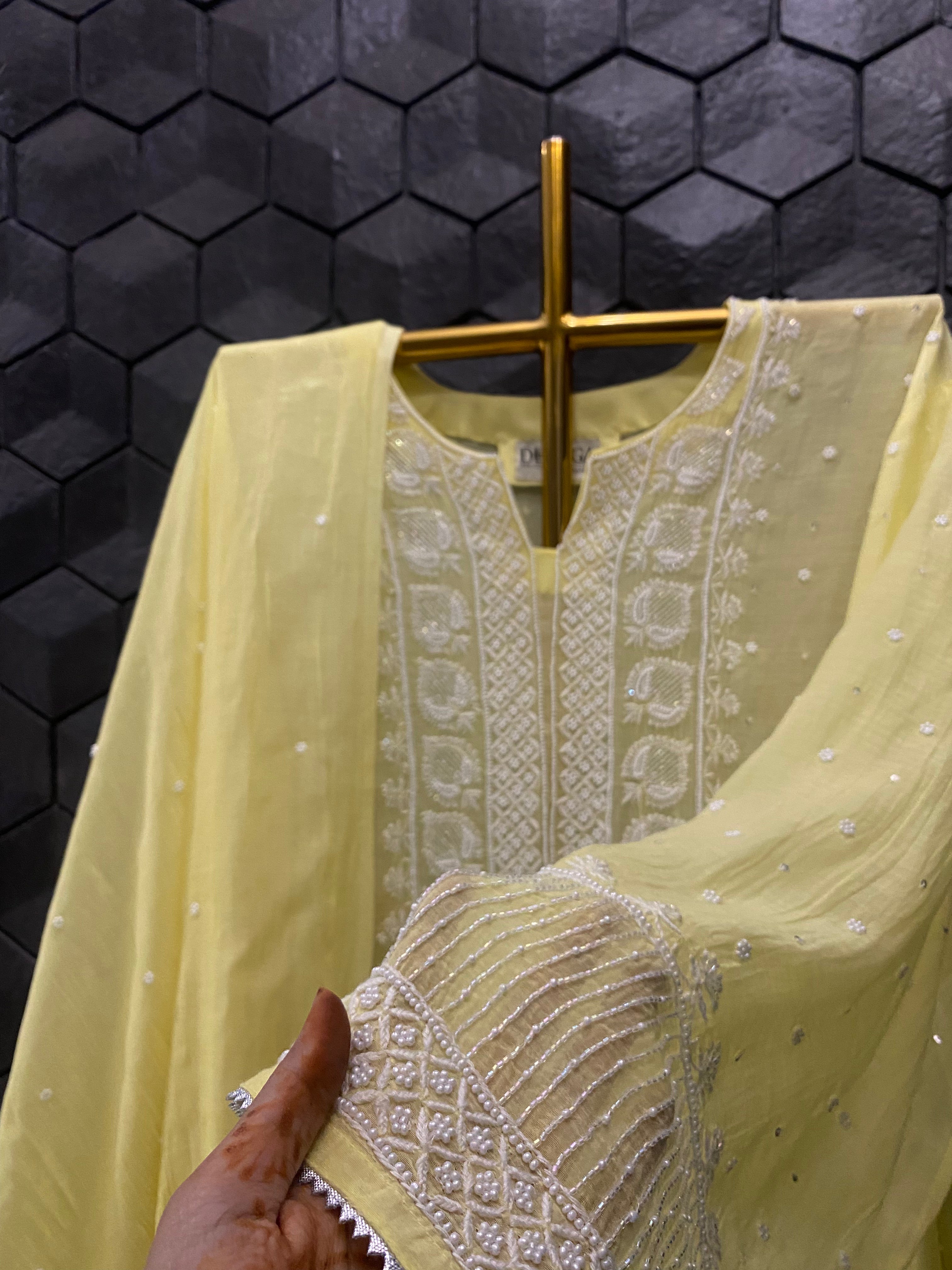 Yellow Mul Chanderi Chikankari Kurta Set