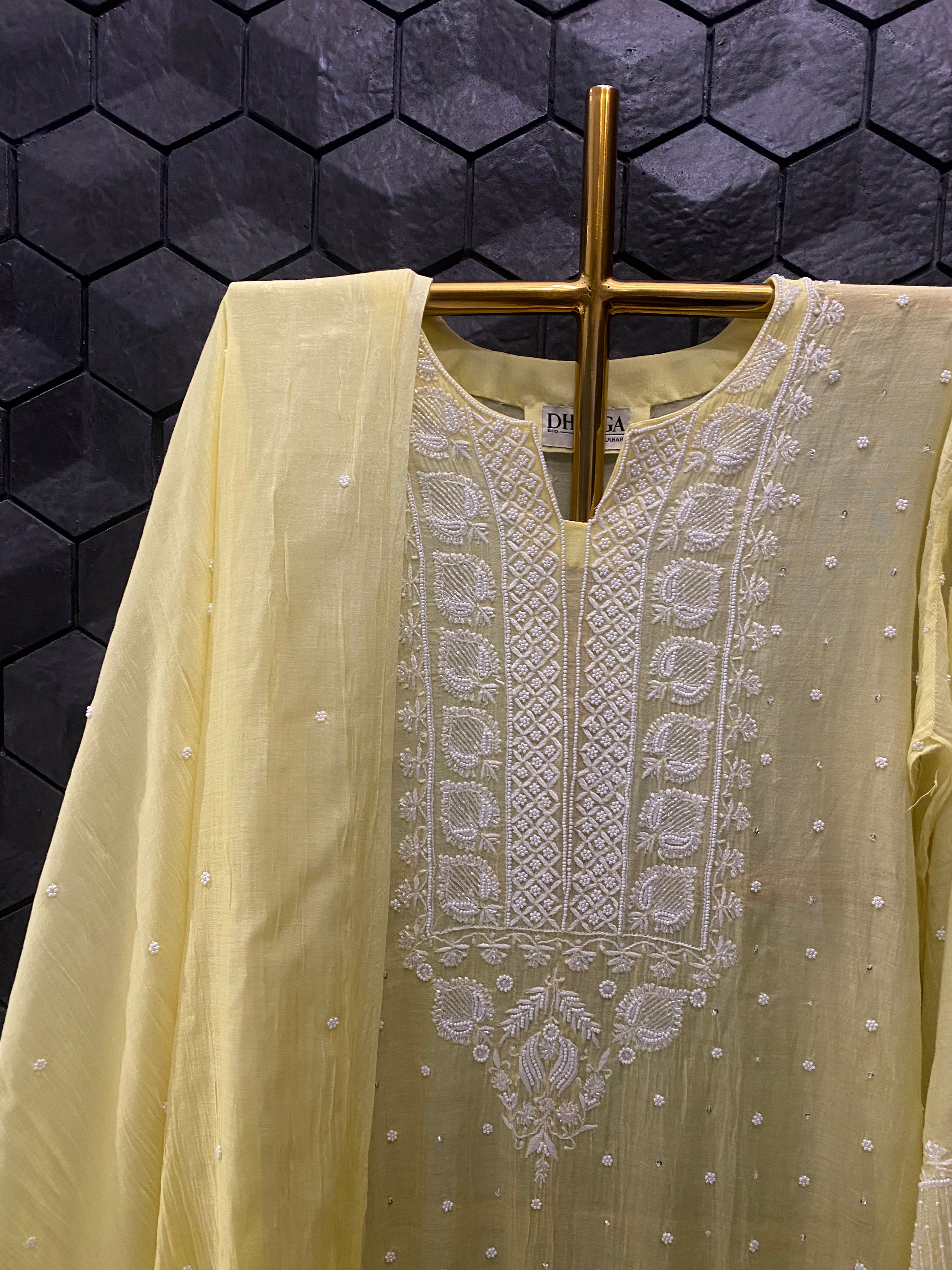 Yellow Mul Chanderi Chikankari Kurta Set