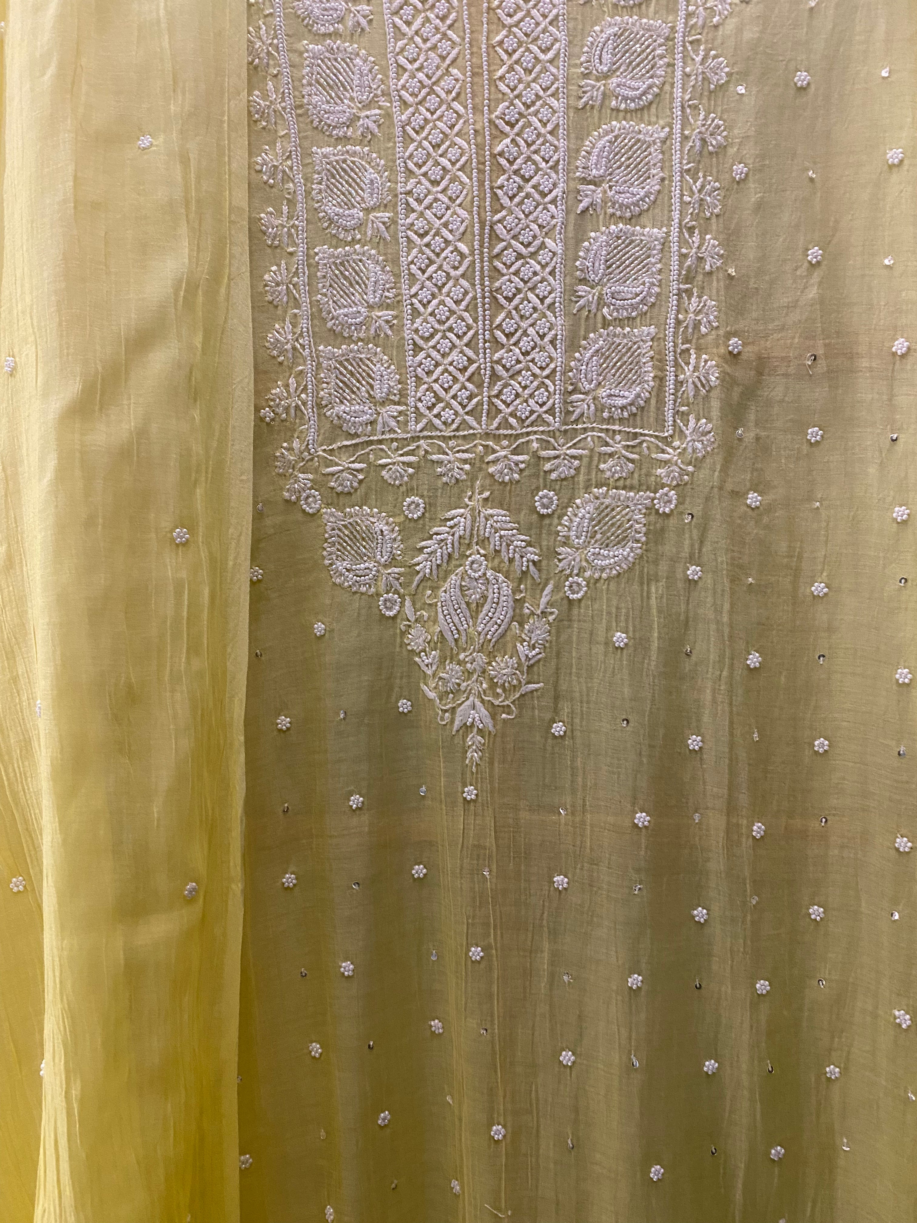 Yellow Mul Chanderi Chikankari Kurta Set