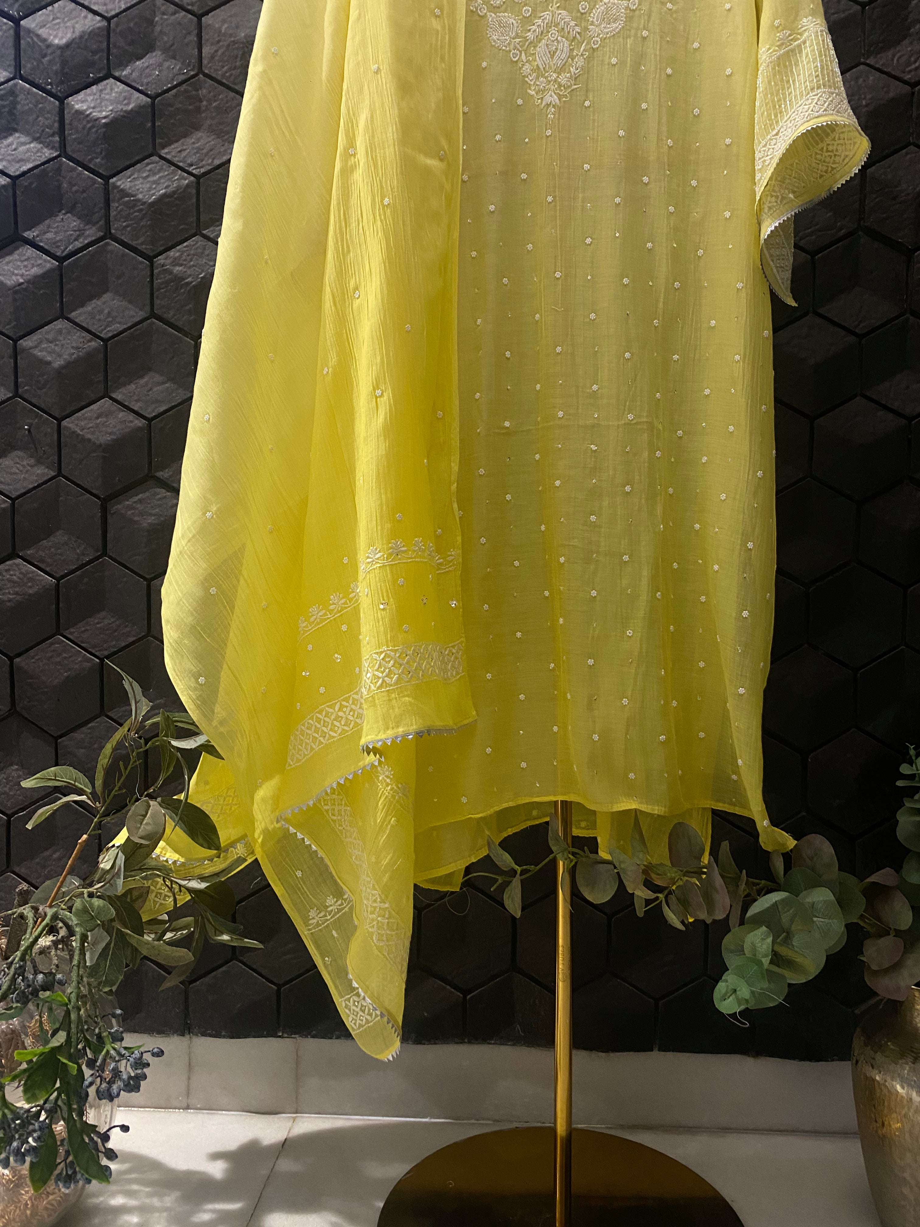 Yellow Mul Chanderi Chikankari Kurta Set