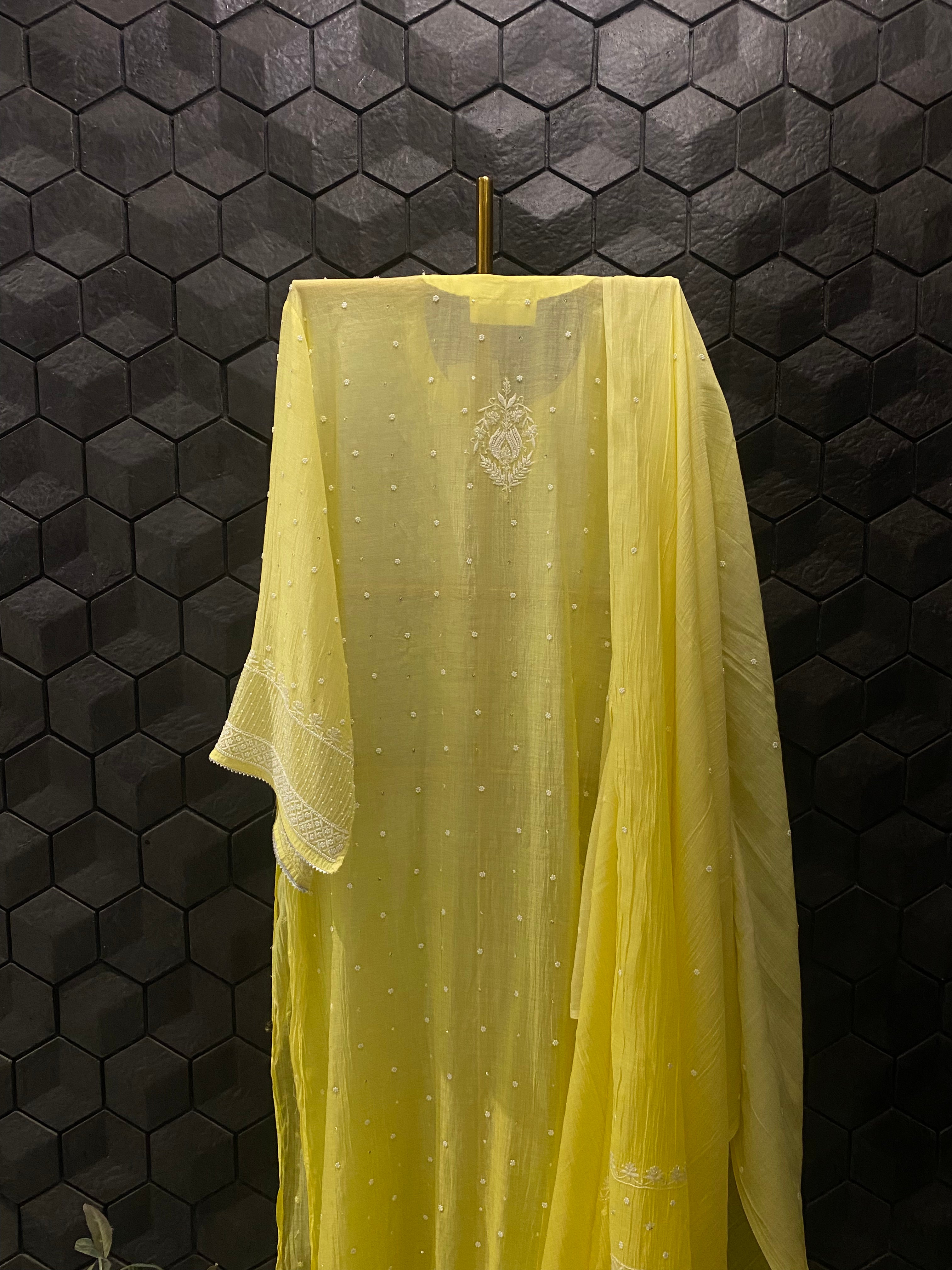 Yellow Mul Chanderi Chikankari Kurta Set