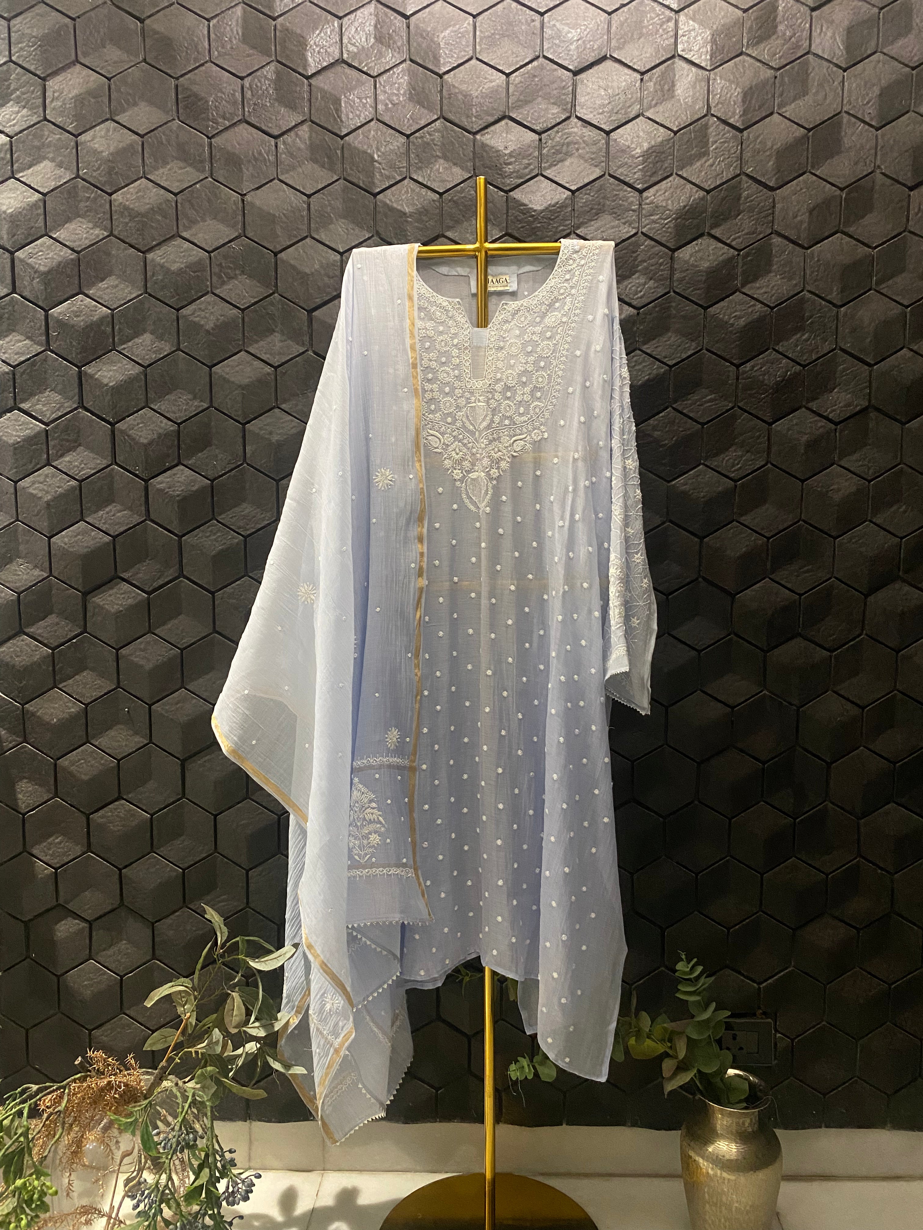 Blue Mul Chanderi Chikankari Kurta Set
