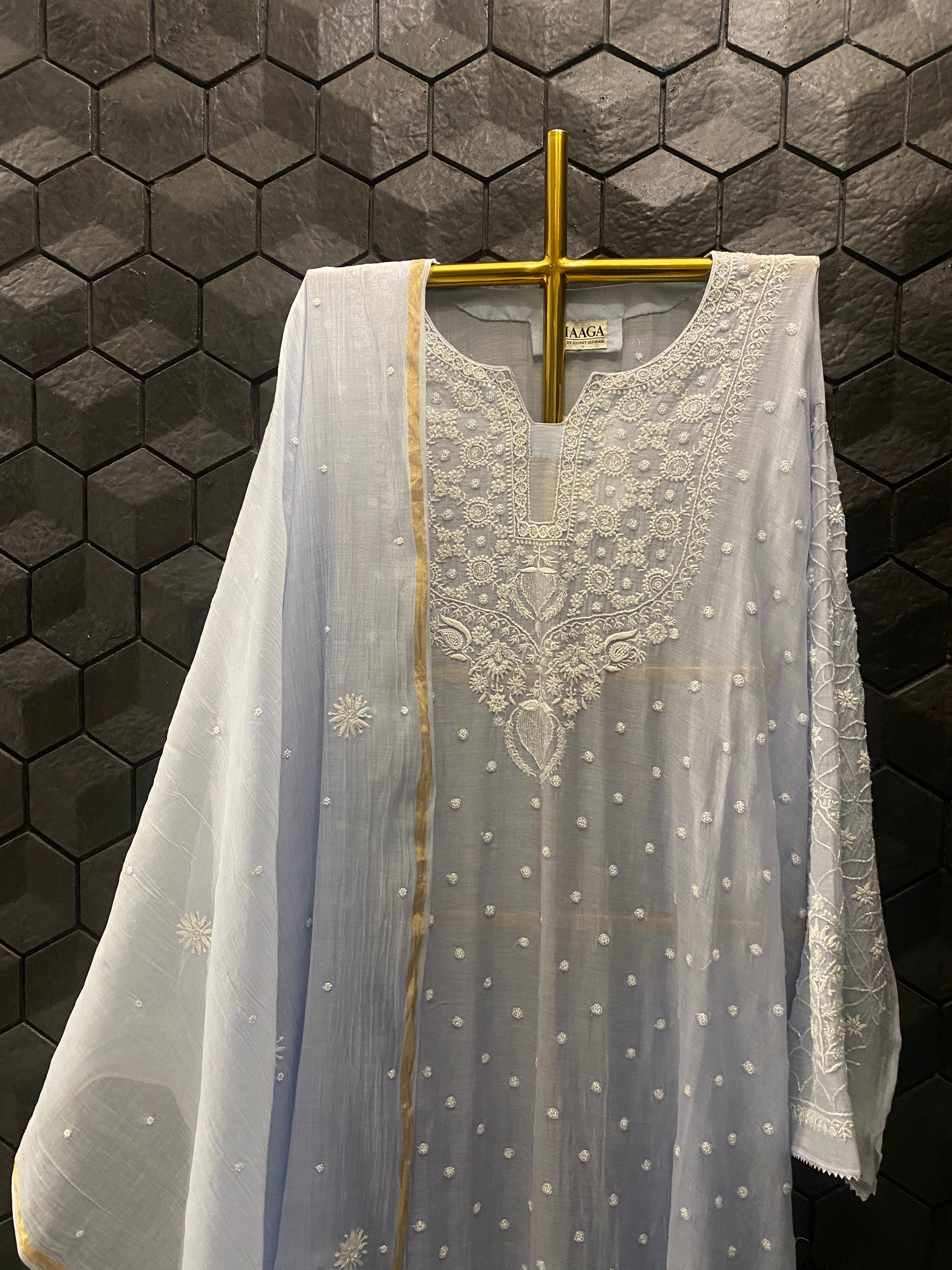 Blue Mul Chanderi Chikankari Kurta Set